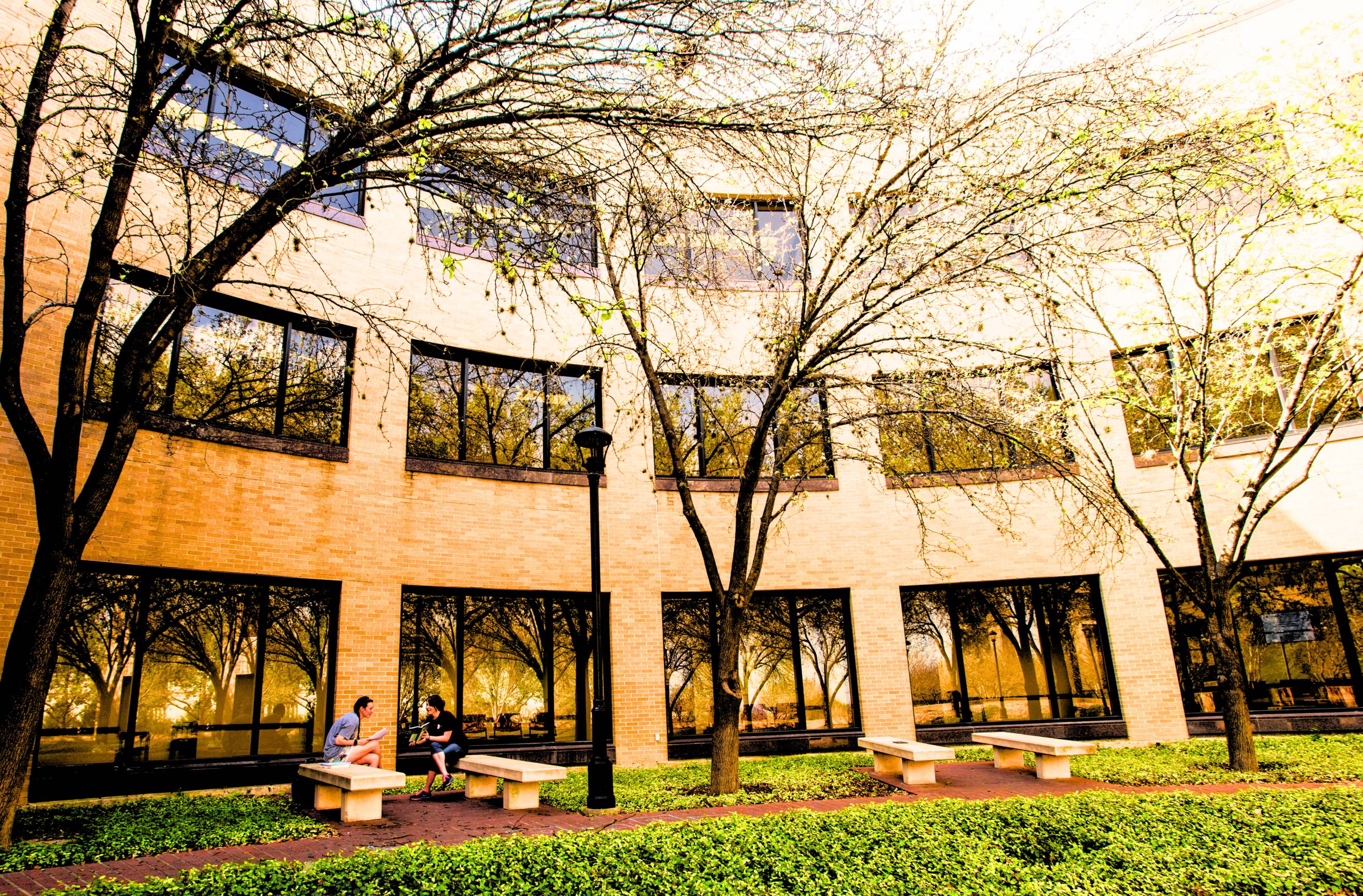 Encino Hall window view with people talking in the shade