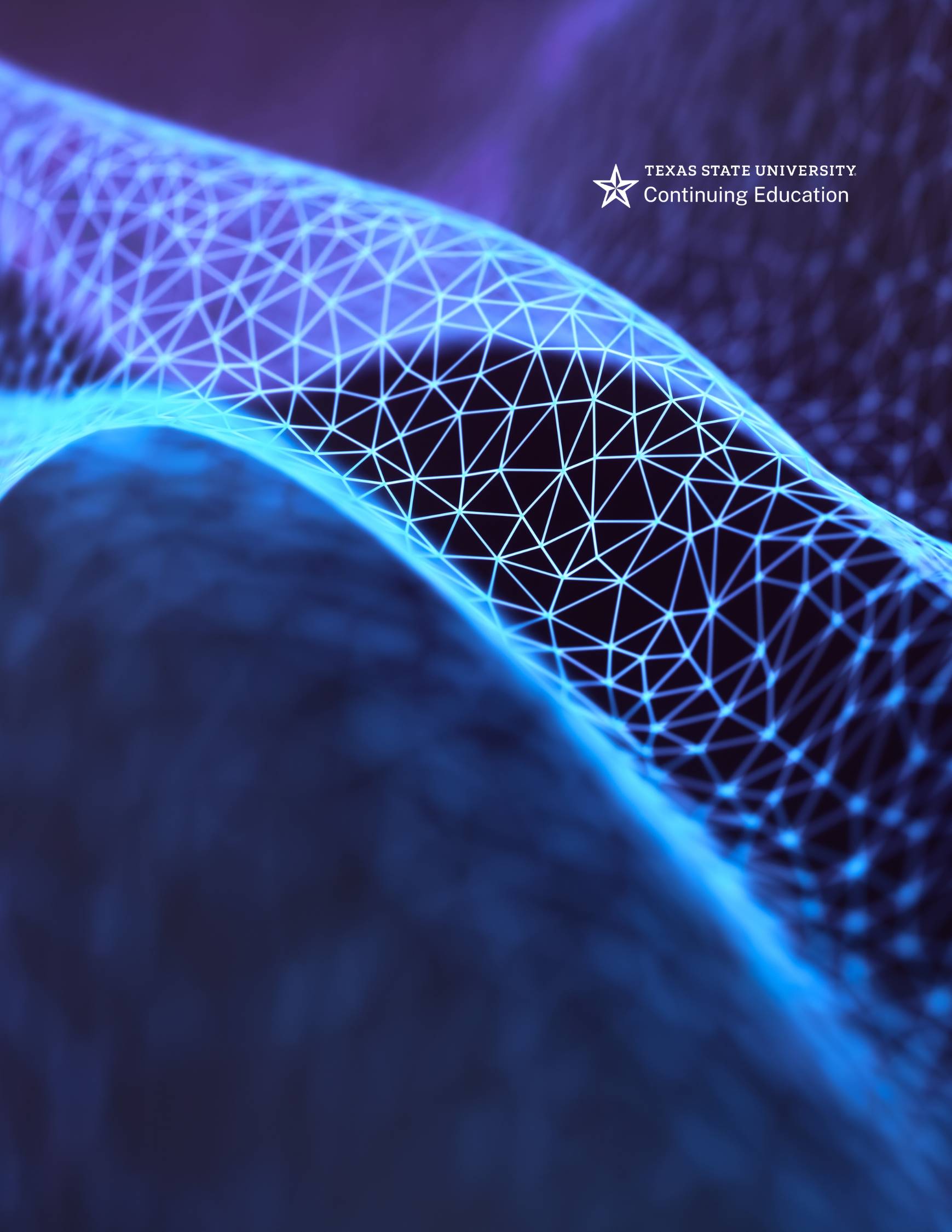 wavy white lines and dots made of digital images over a blue and purple background