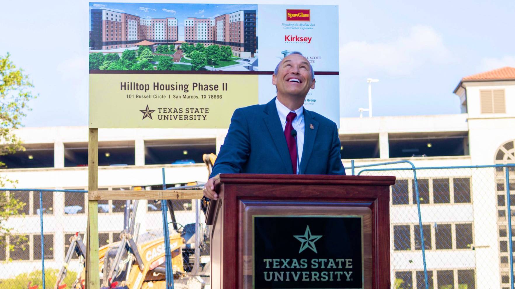 President Kelly Damphouse speaks at the Hilltop II groundbreaking ceremony.