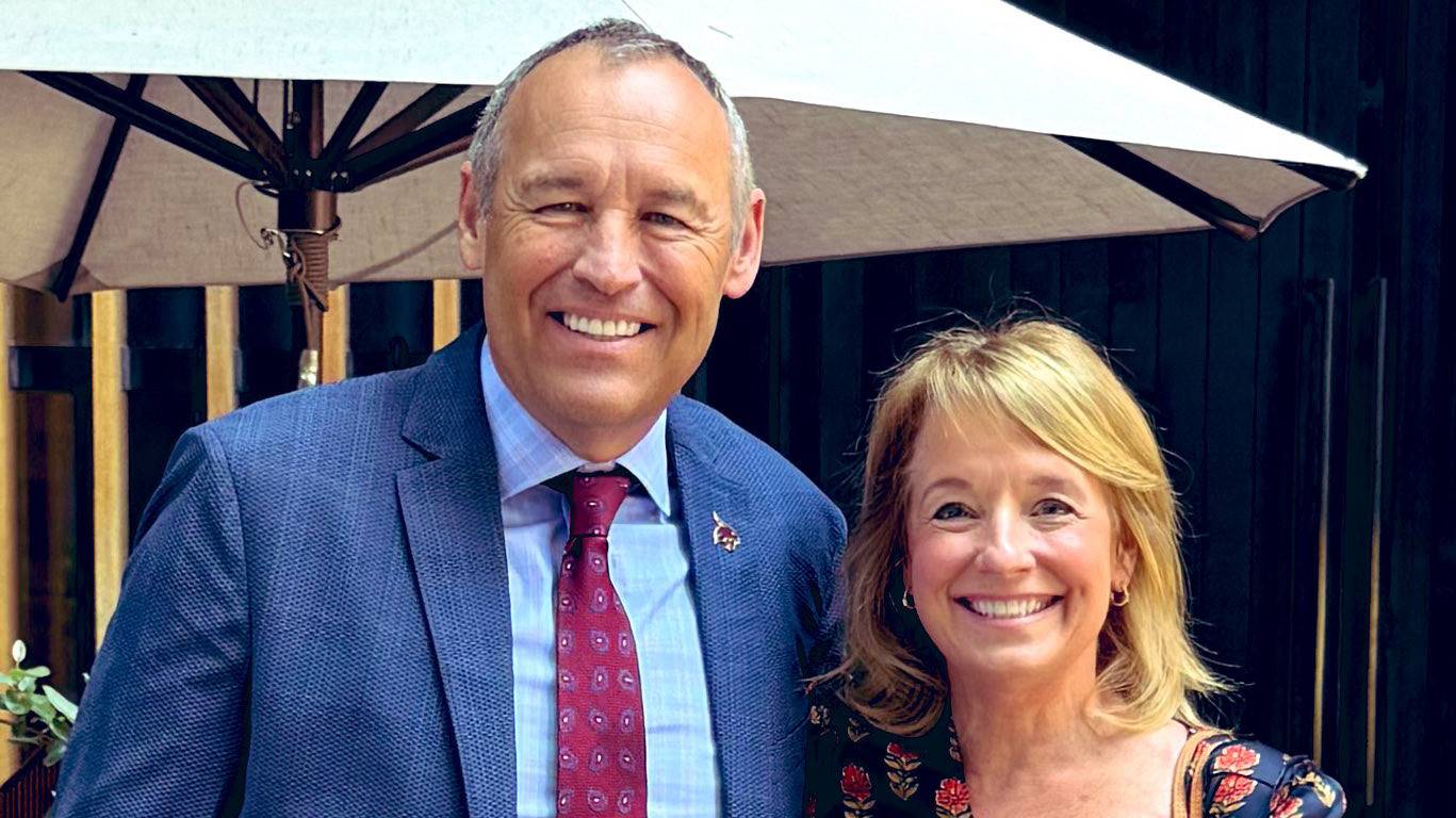 President Kelly Damphousse (left) poses for a photo with Susan Dukes in Austin.