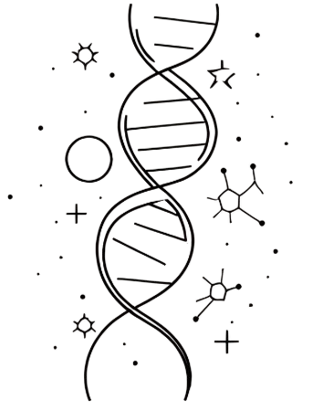 A dark illustration featuring the outline of a DNA double helix surrounded by abstract shapes, stars, and chemical molecular structures.