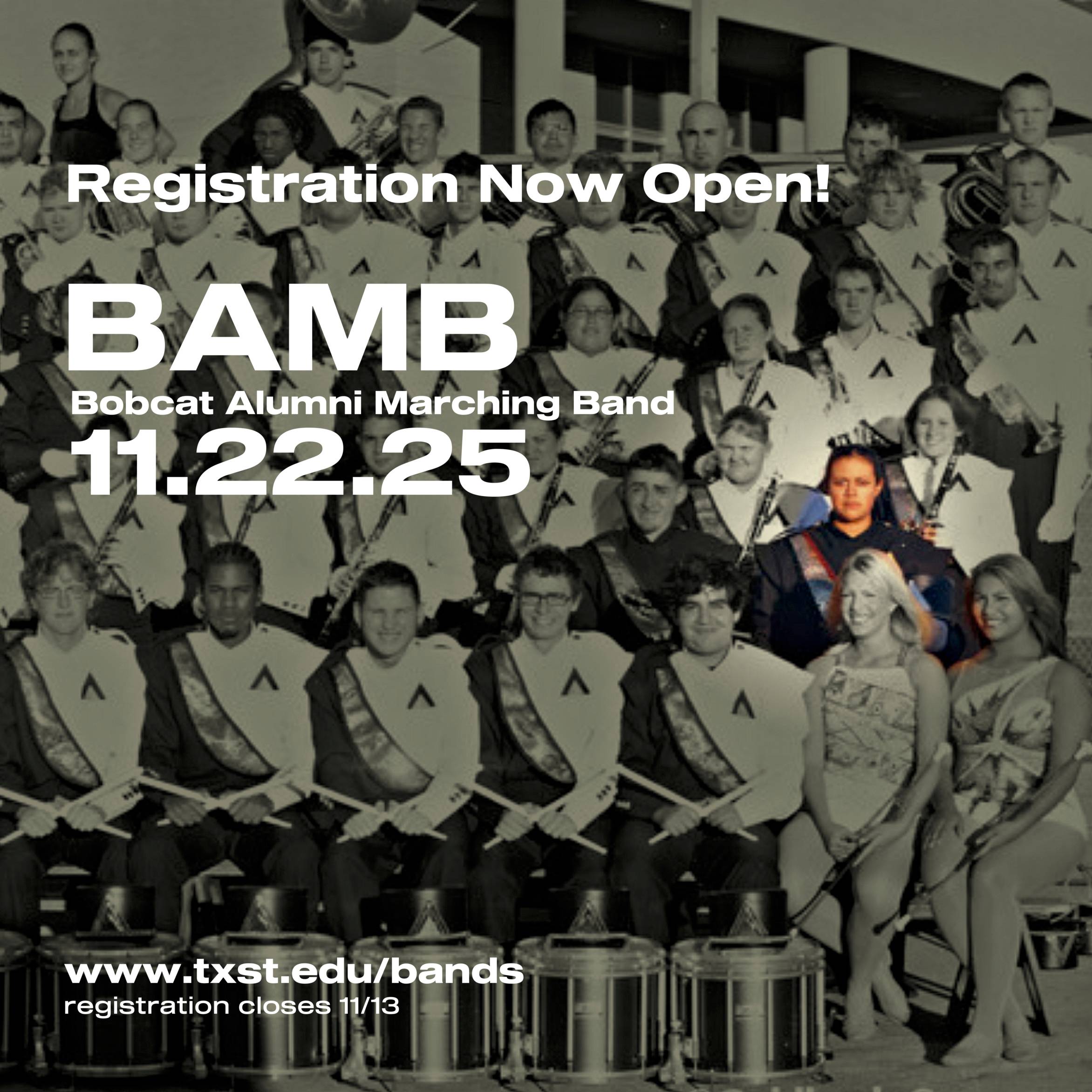 Image of band members in standing in bleachers wearing uniforms with their instruments