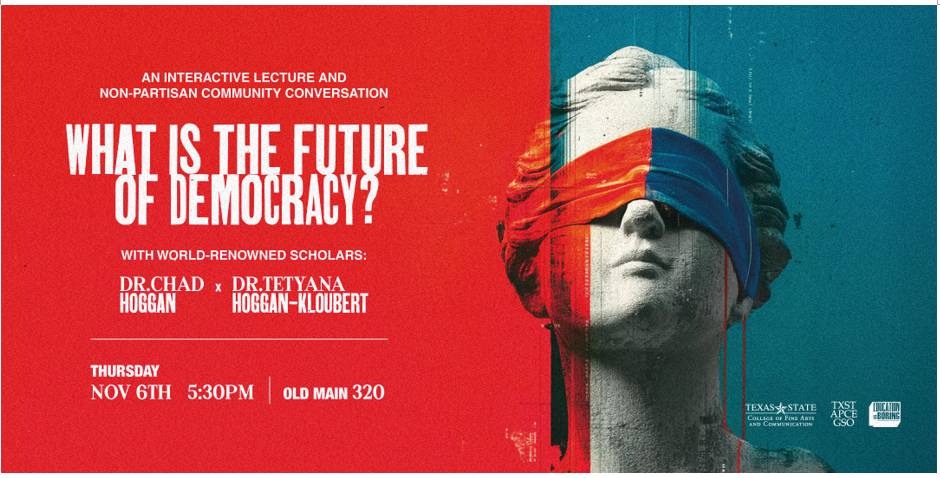 Flyer for an interactive lecture and non-partisan community conversation on nov 6th 5:30pm at old main 320