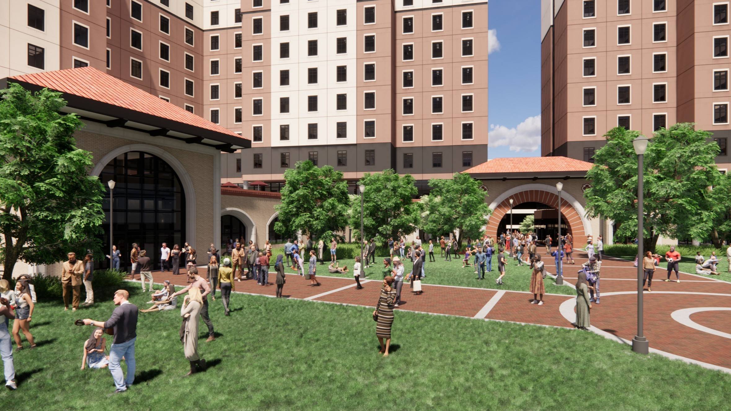 Hilltop Phase II - Rendering of Main Entrances to Residence Hall and Dining Hall from Grand Courtyard