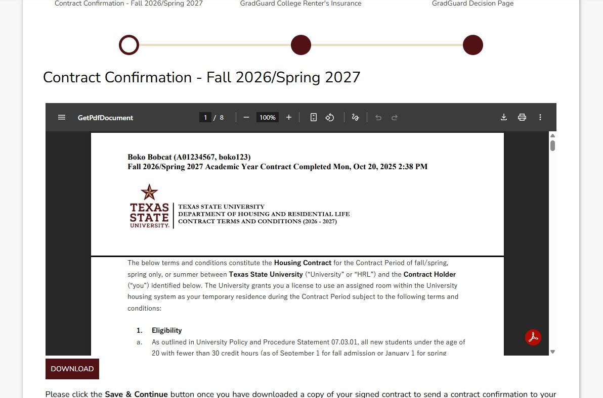 Screenshot of Contract Confirmation page in the Housing Portal.