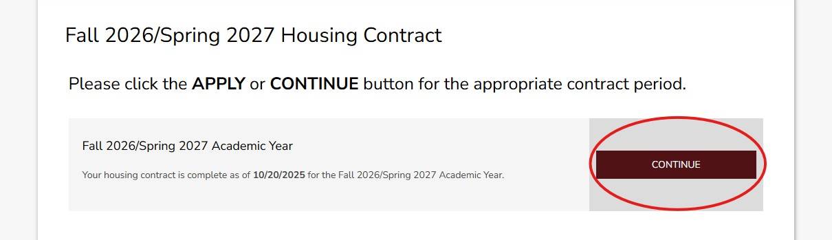 Screenshot of Housing Contract Selection page in the Housing Portal.
