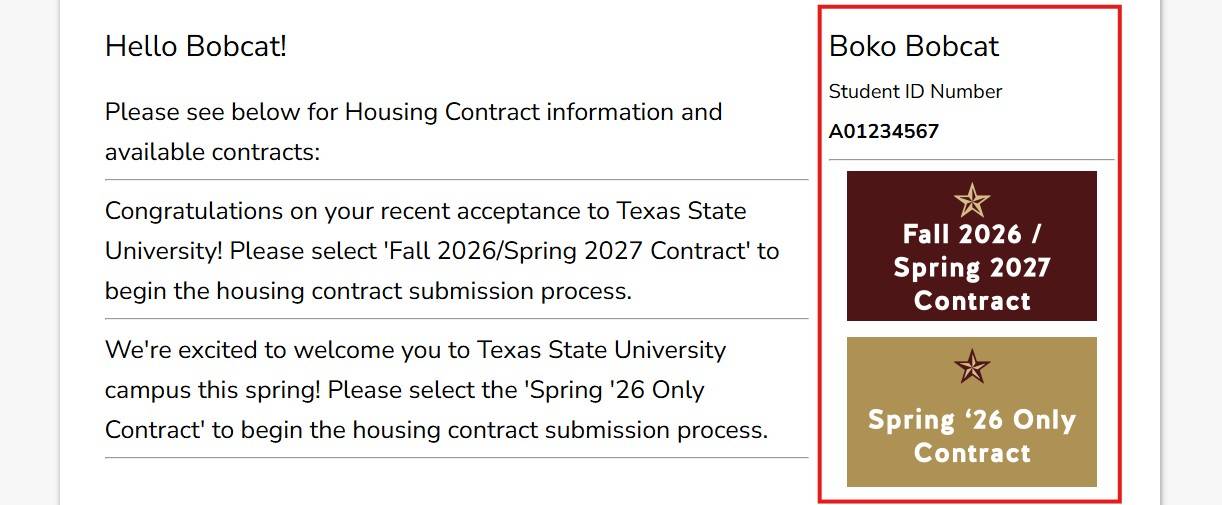 Screenshot of Housing Contract Selection page in the Housing Portal.