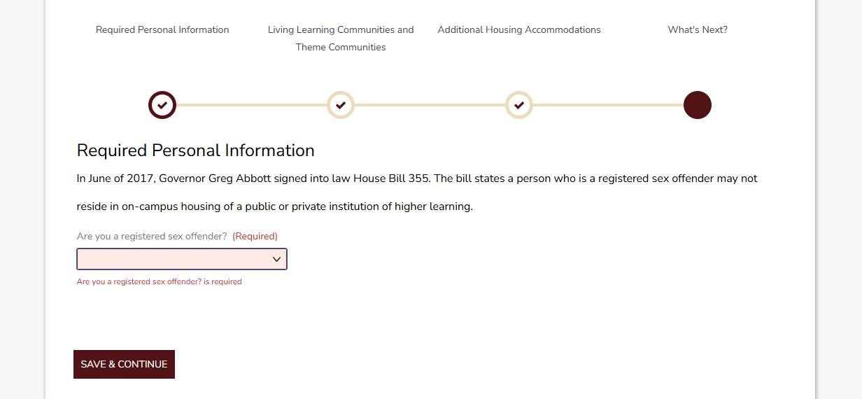 Screenshot of Required Information page in the Housing Portal.