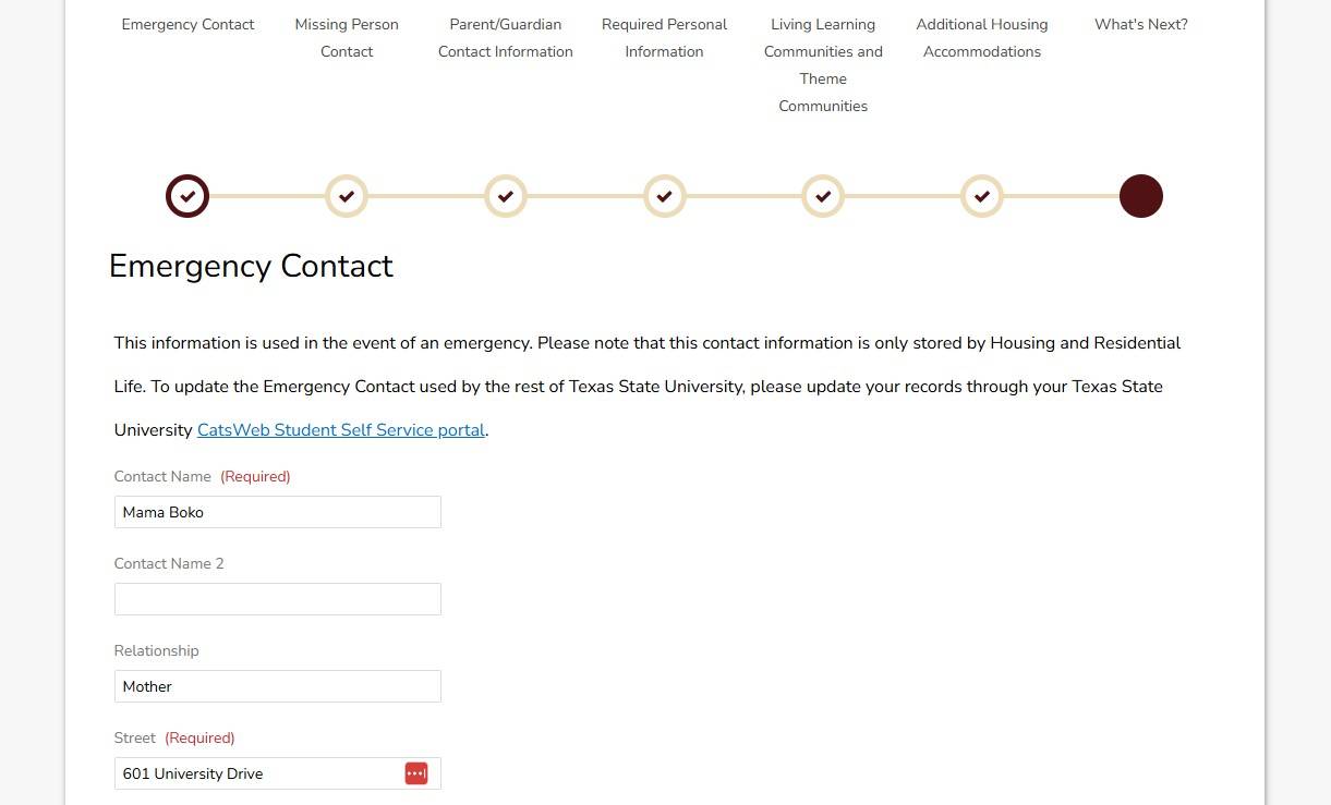 Screenshot of Emergency Contact page and Missing Person Contact page in the Housing Portal.