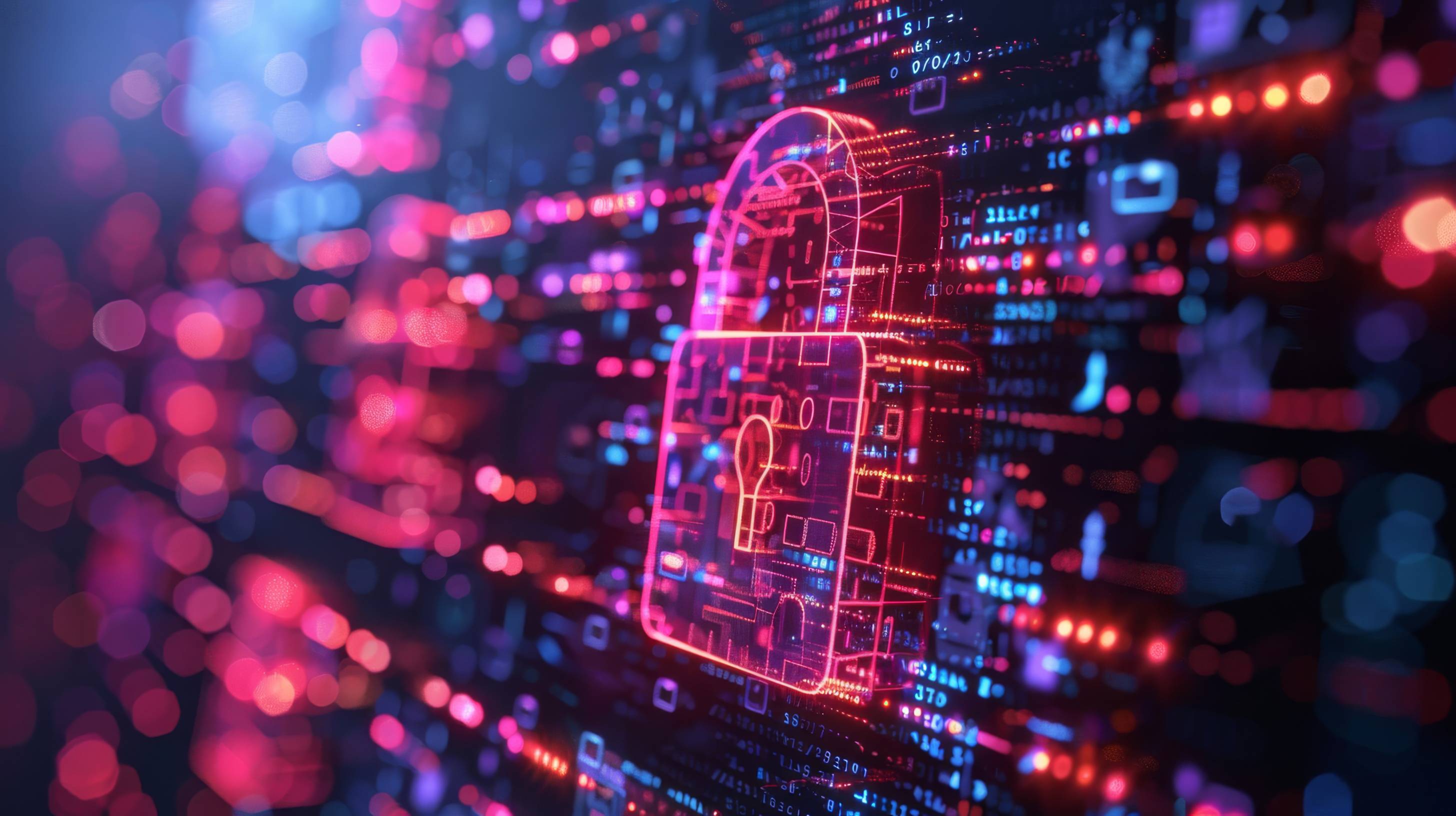 a glowing pink and blue digital lock surrounded by pink and blue digital code