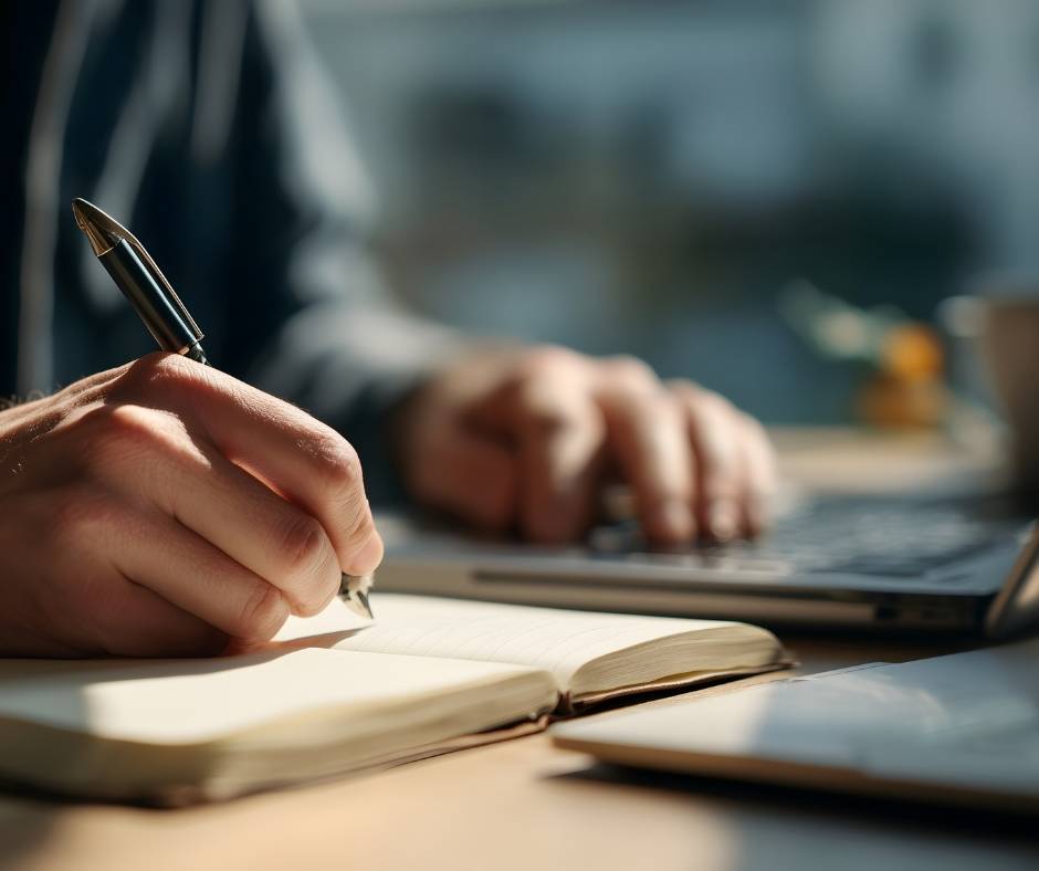 Close up of person writing in a notebook while their other hand rests on a laptop