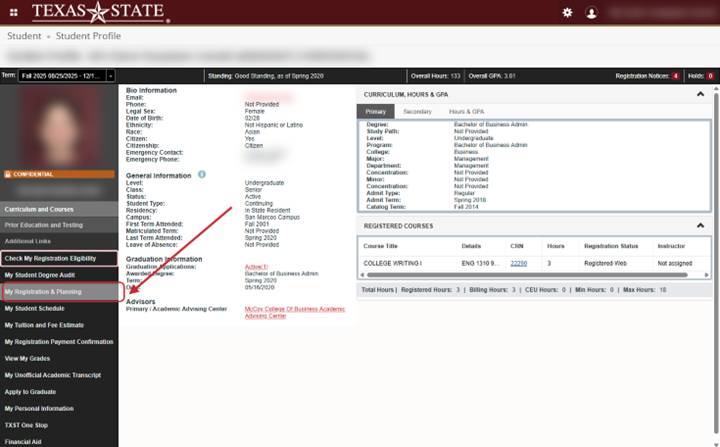 Self service registration menu