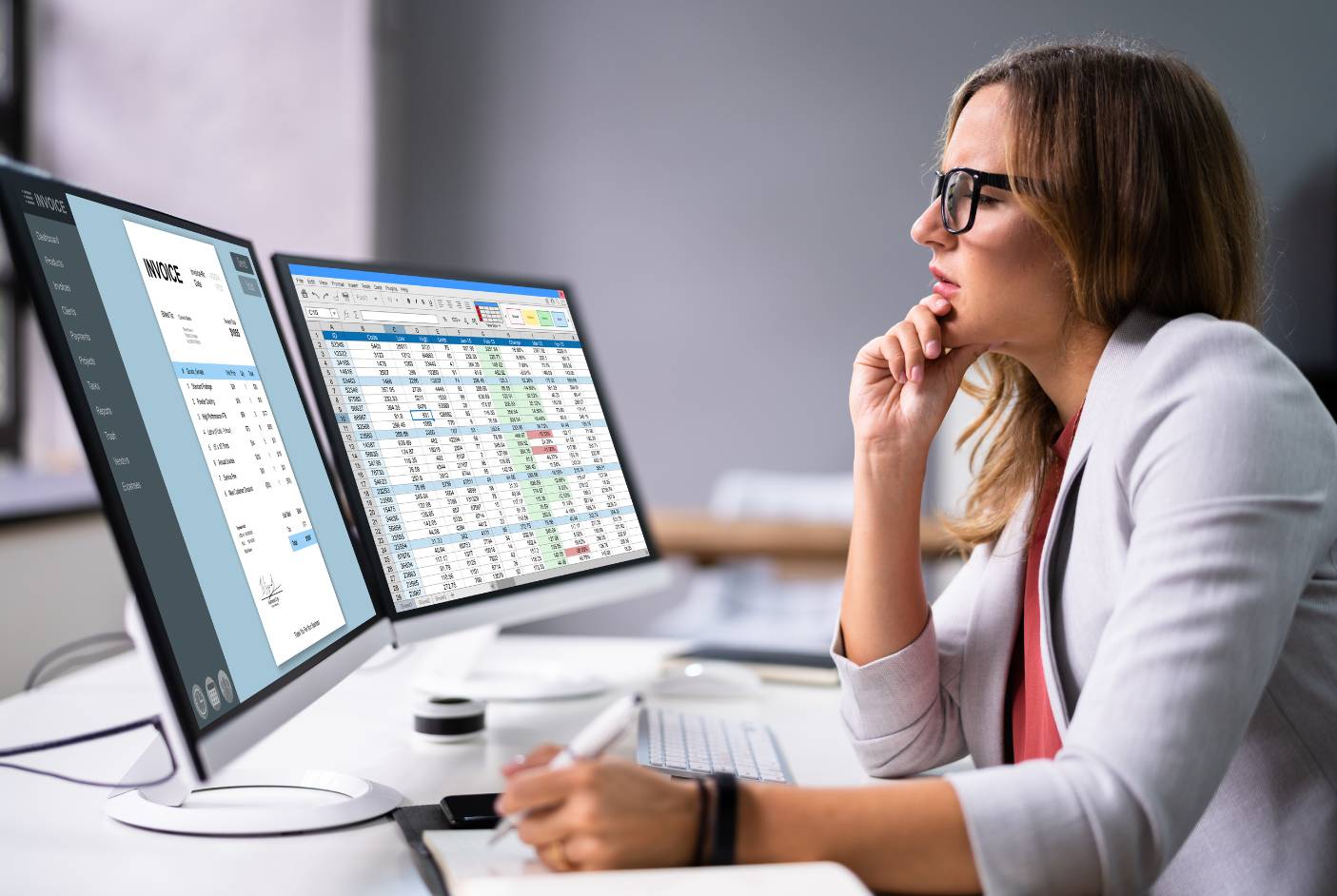 A female student looking at multiple computer screen with medical coding content