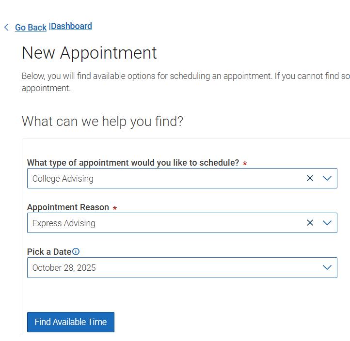 Choose express advising for appt reason
