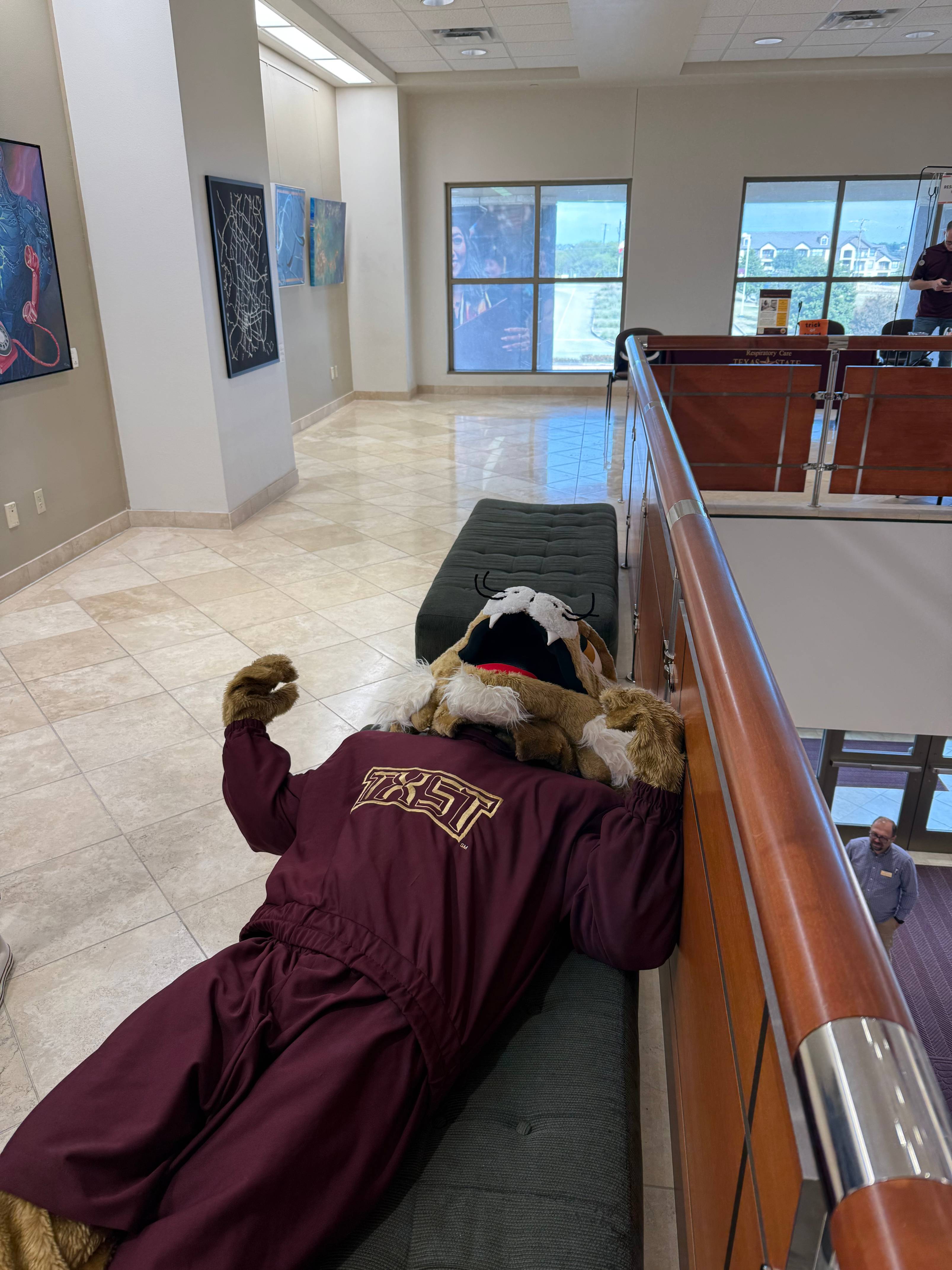 Boko, the TXST mascot relaxing after a busy event.
