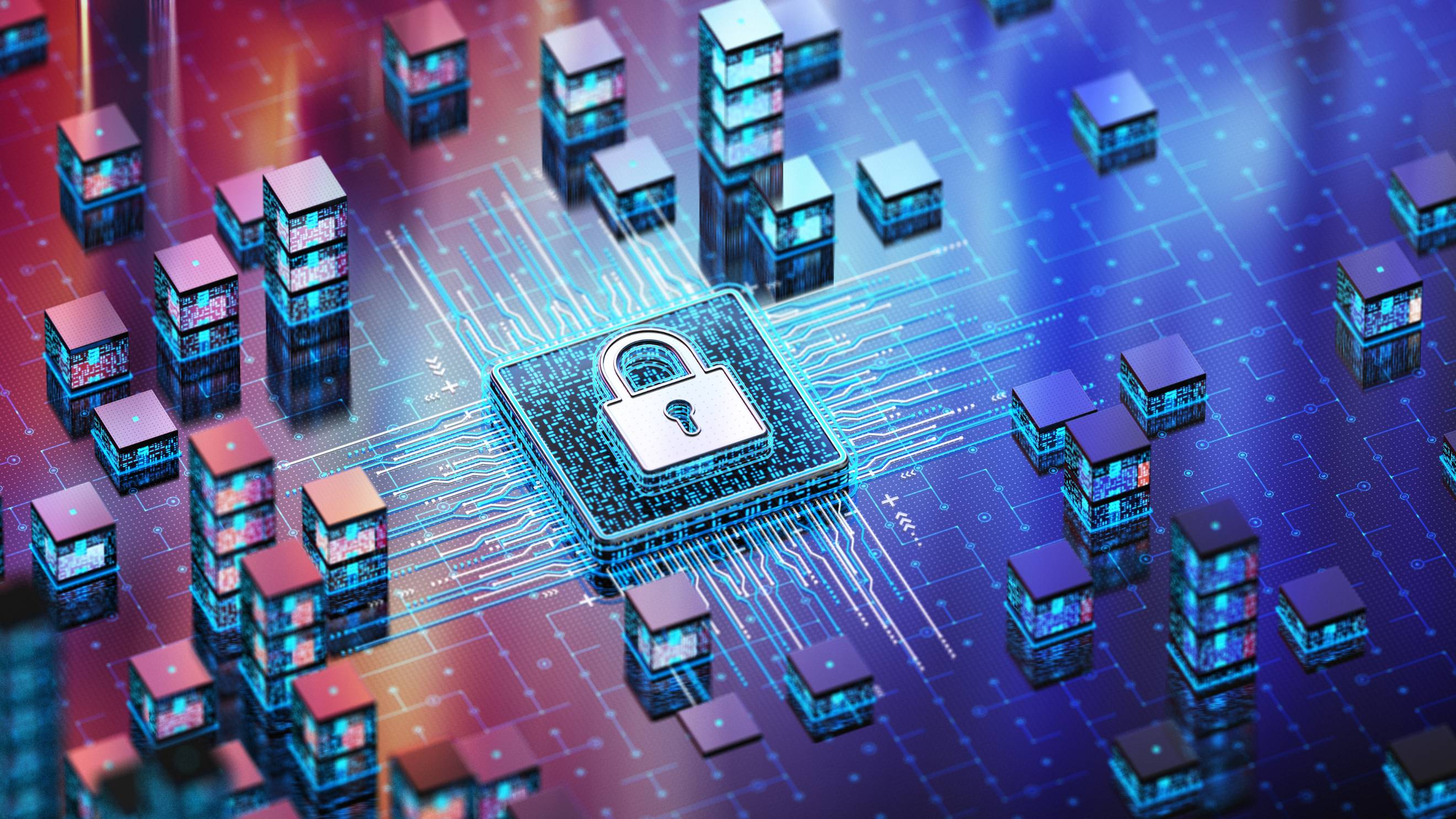 a pink and blue grid of digital boxes with one that has a lock on it