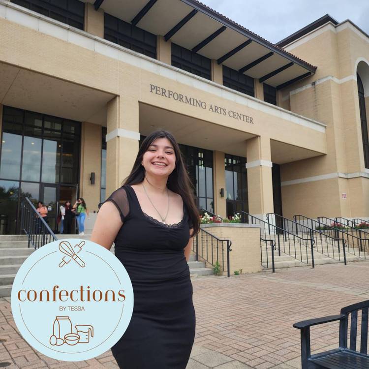 Tessa Gonzalez headshot and the Confections by Tessa logo in the bottom left corner 