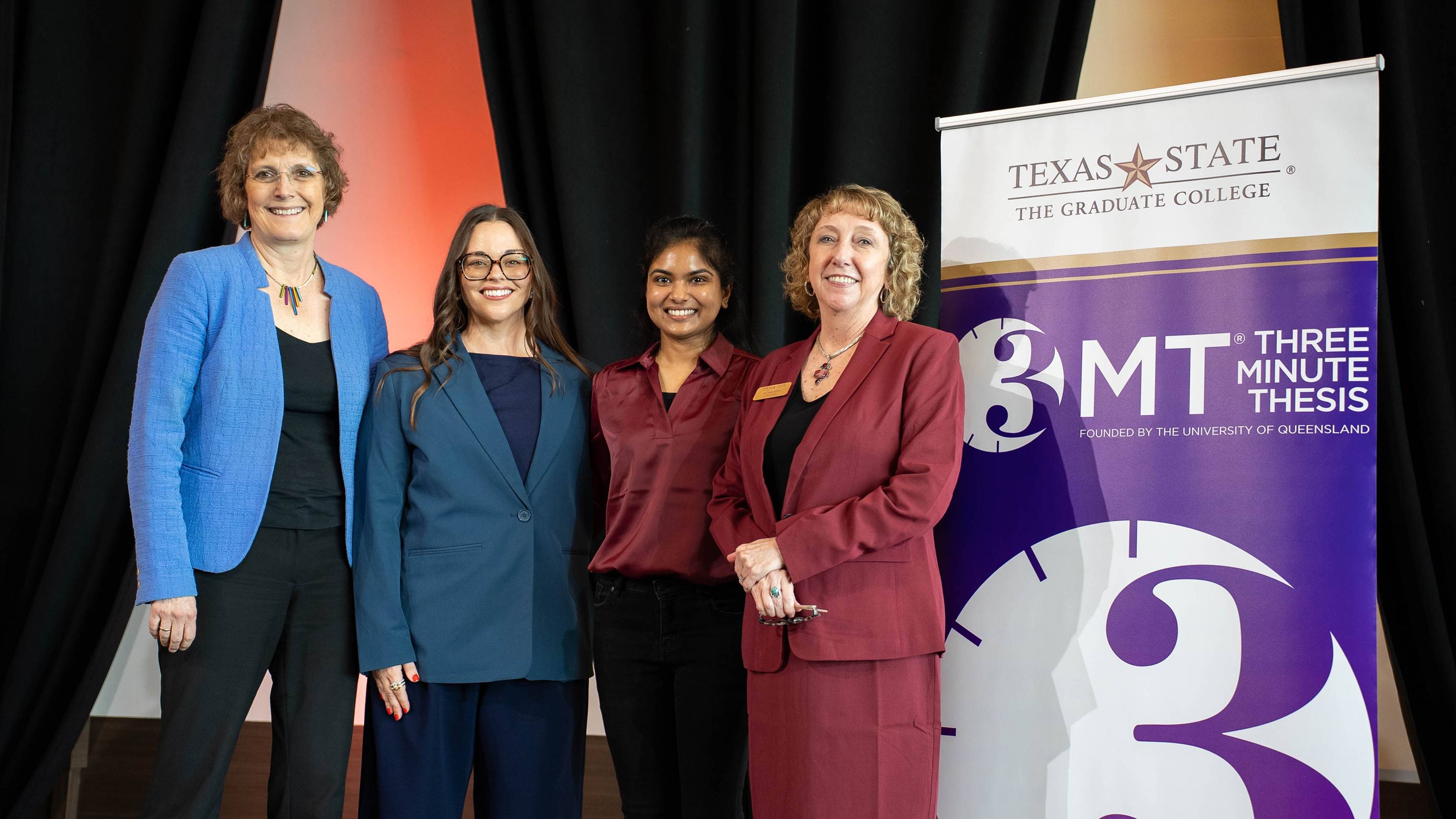 Dean Andrea Golato (left), Cassandra M. Swanson, Heshini Weerakkody, and Associate Dean Patti Giuffre pose for a photo.