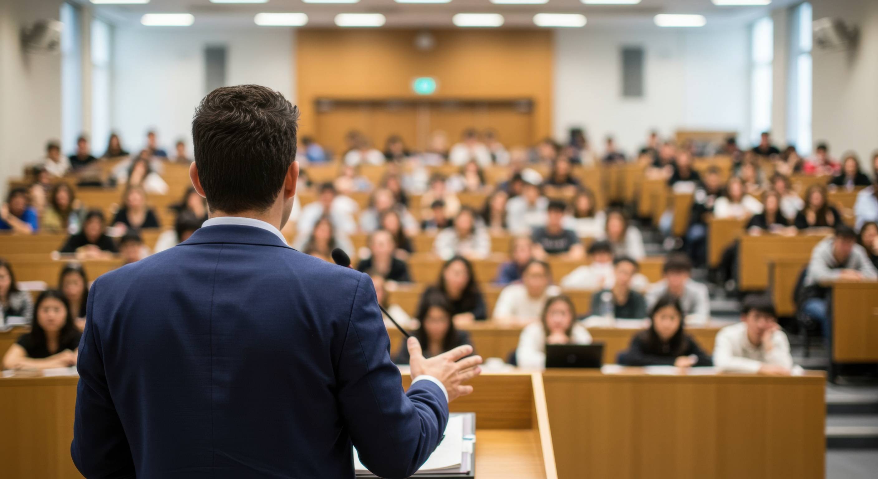 a man at a podium with a classroom blurred in front of him
