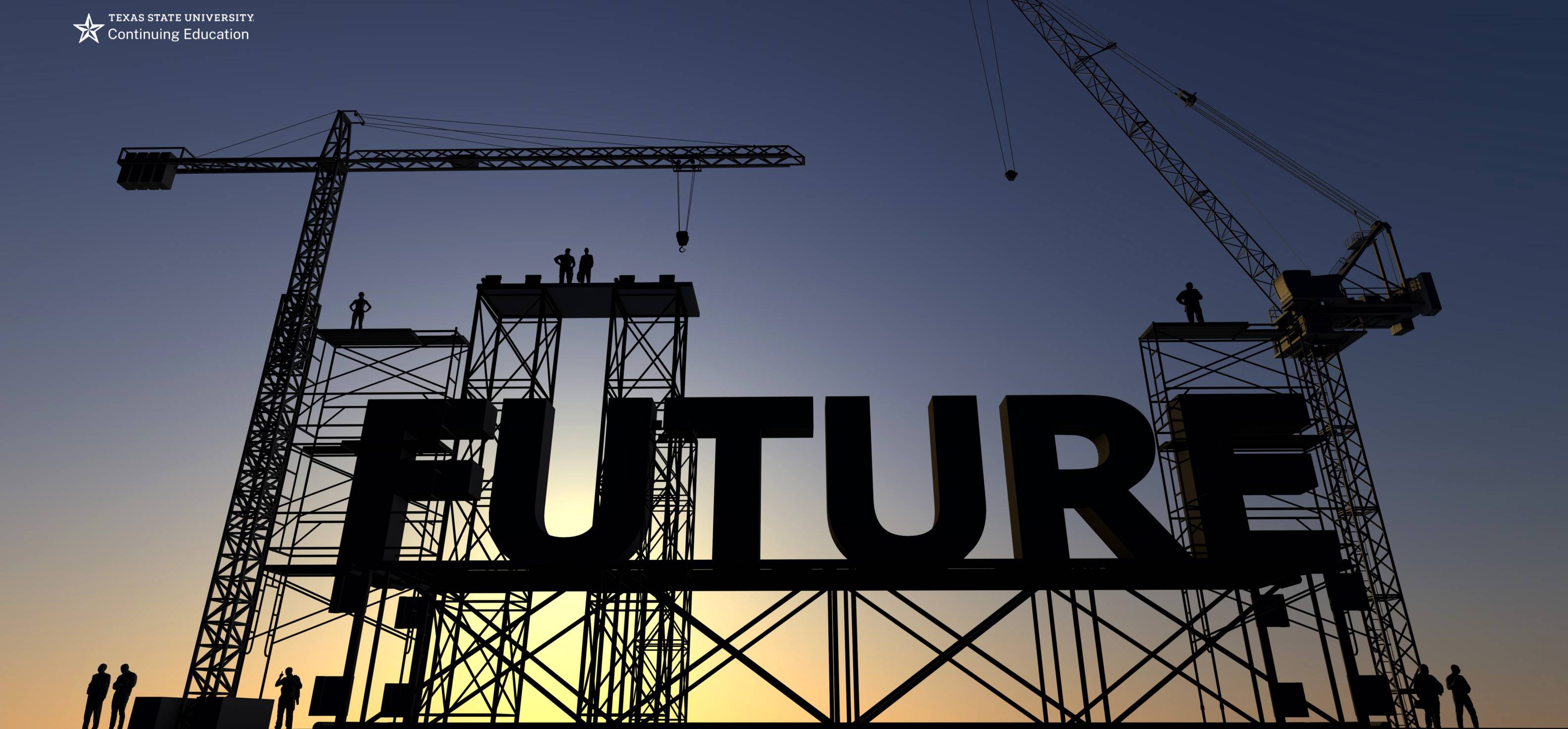 cranes and scaffolding with workers standing on them