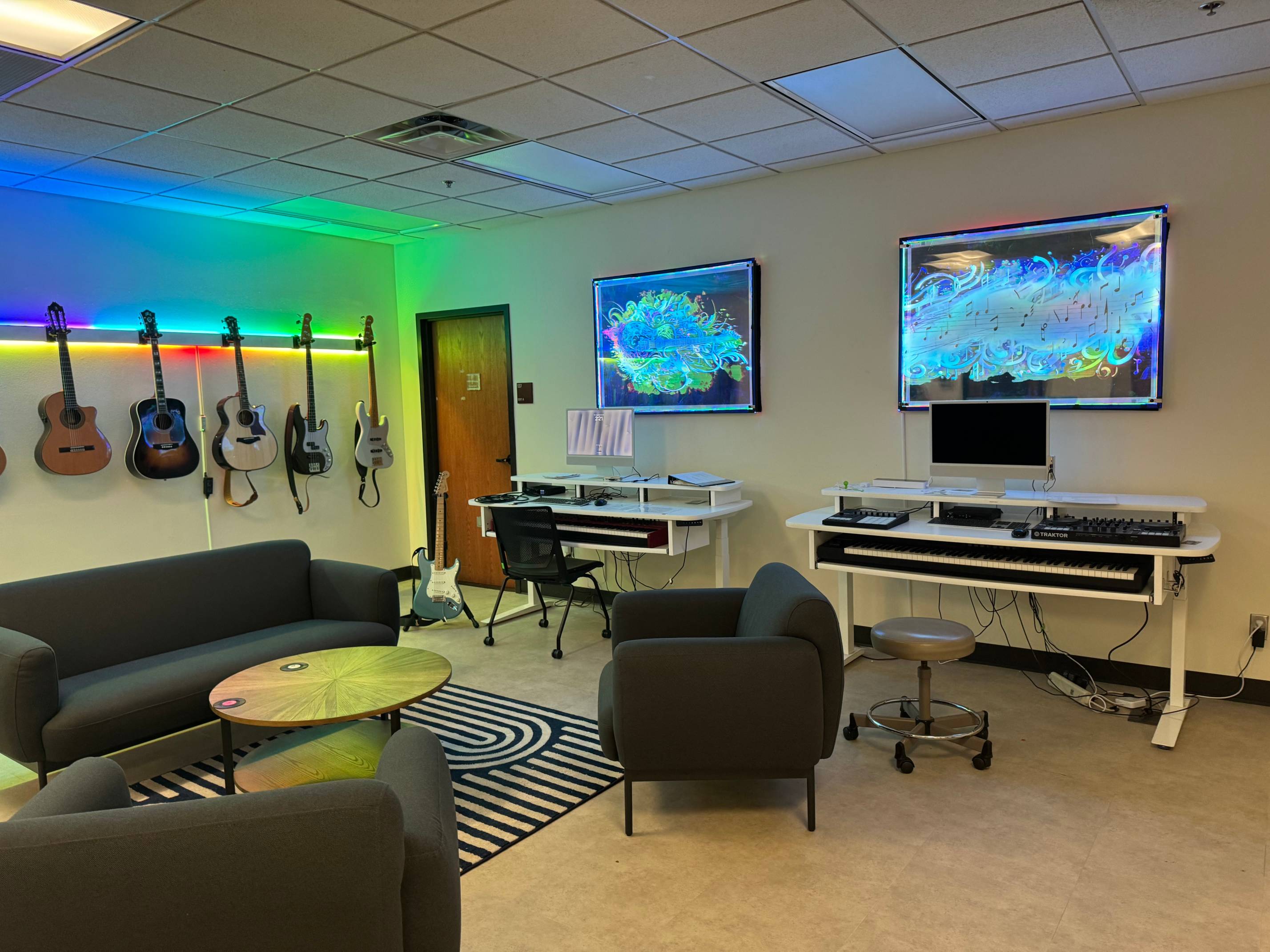 Audio production space with music equipment