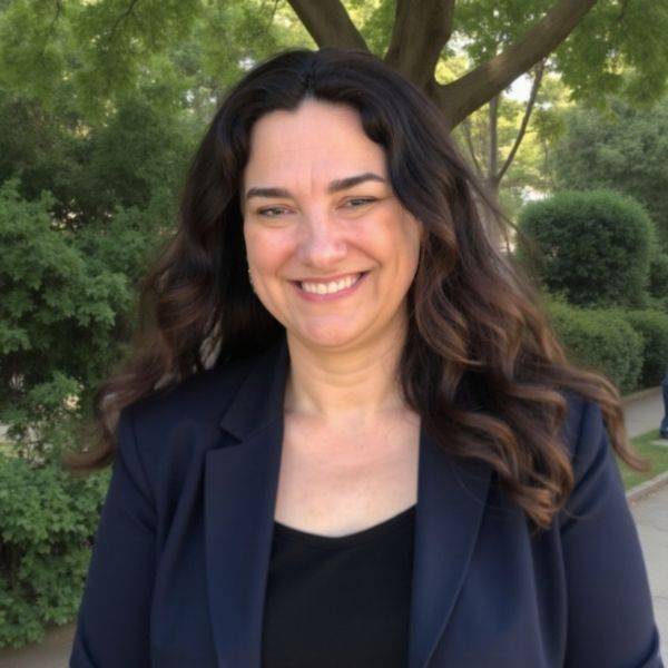 smiling woman with long brown hair in blazer