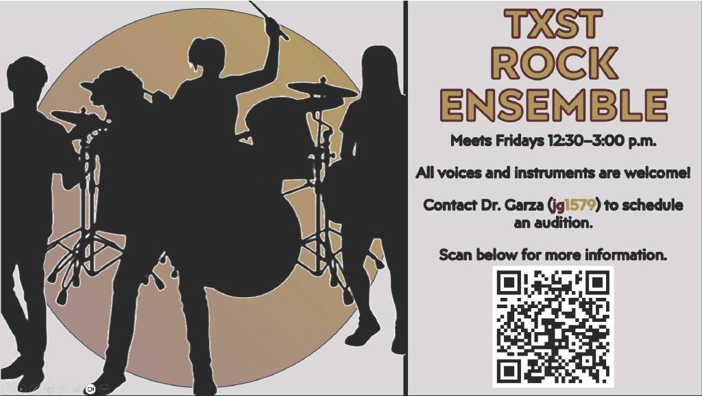 An informational flyer for the TXST rock ensemble. A silhouette  of a rock band in front of a yellow backdrop.