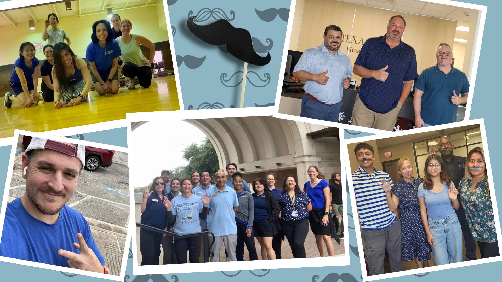 a photo collage of employees wearing blue