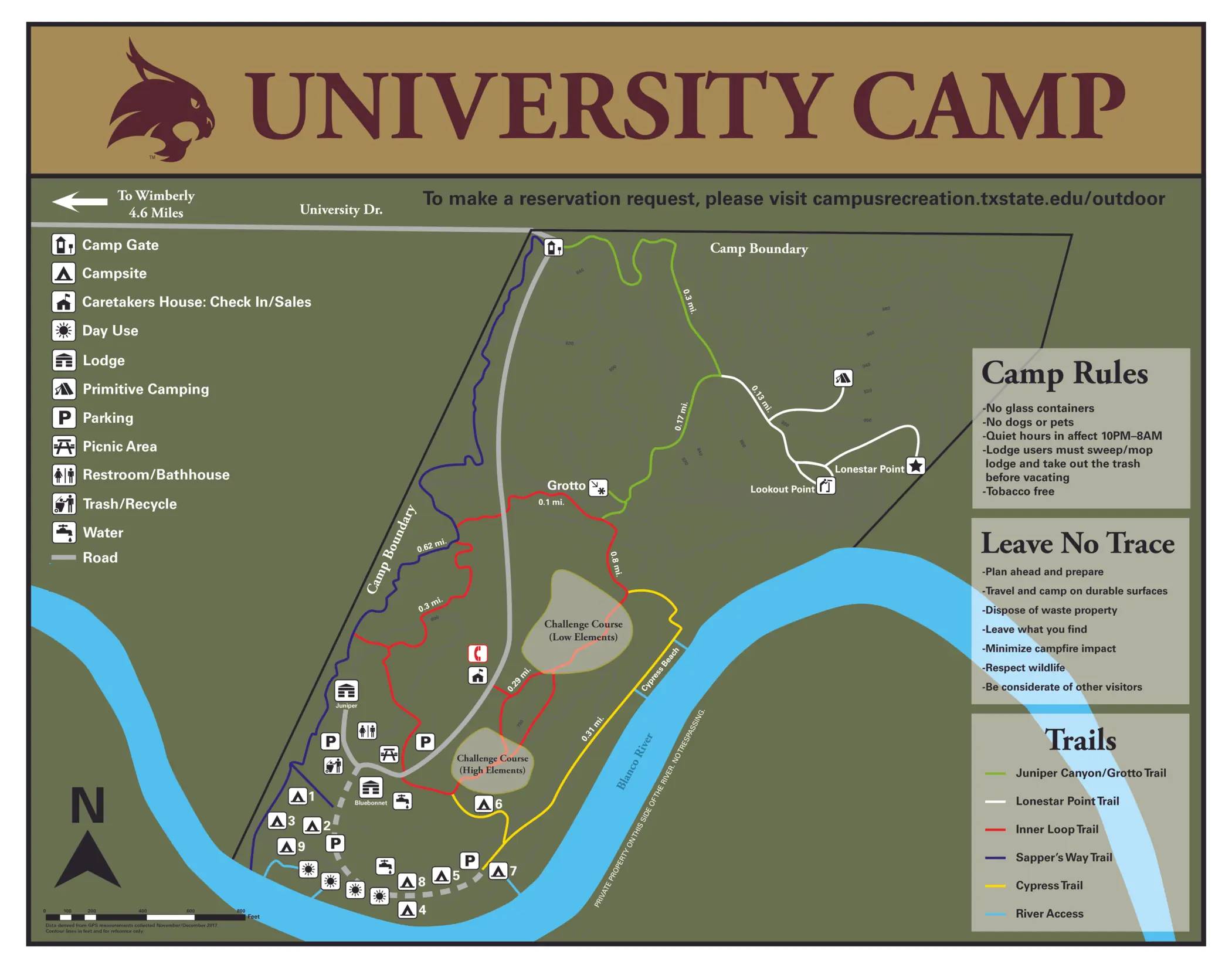Map of University Camp which includes locations of headquarters, campsites and day sites. Plus trails and locations of parking and water sources