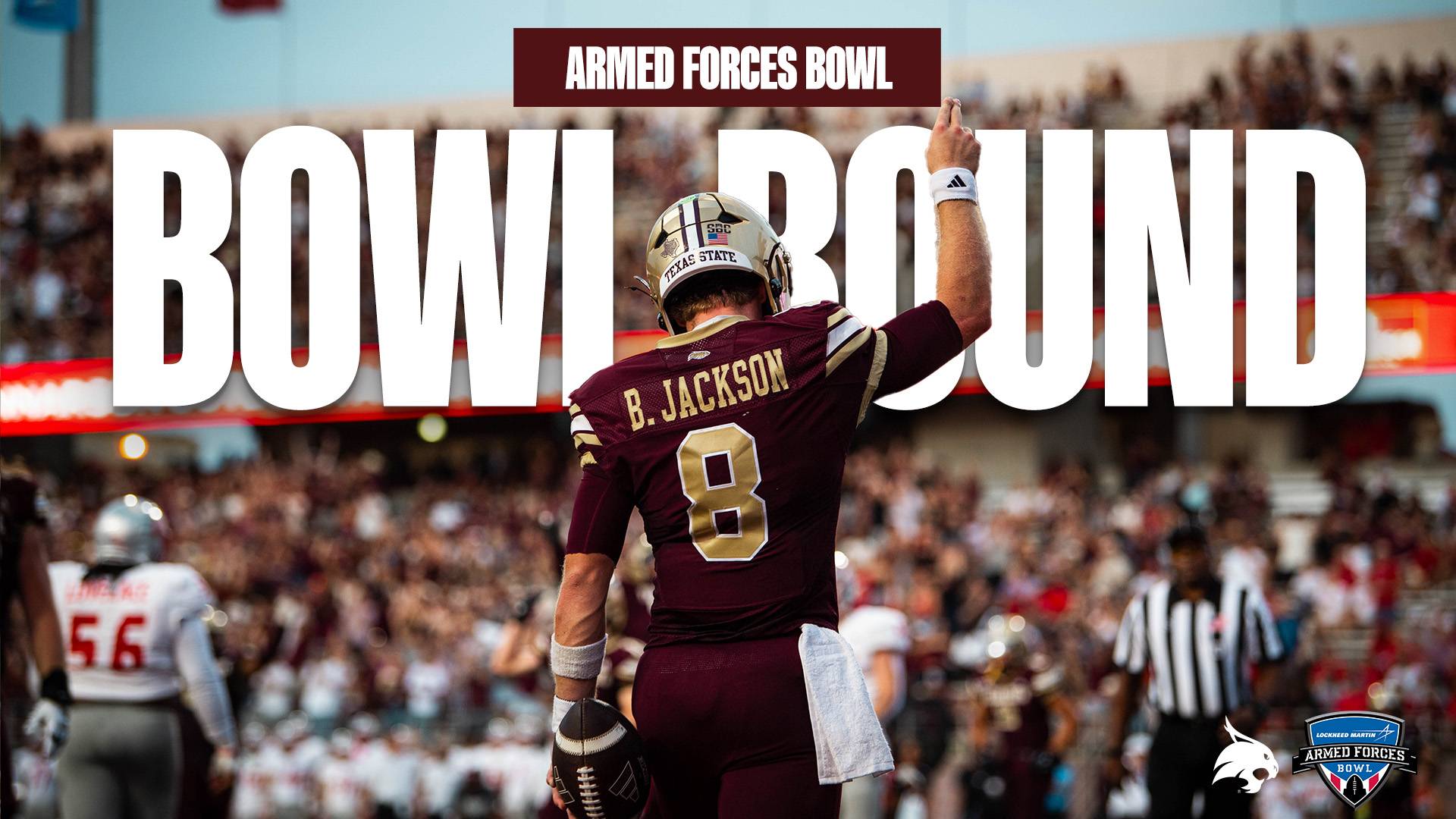 Photo of Brad Jackson, Bobcat quarterback, on the Texas State football field with Bowl Bound graphics