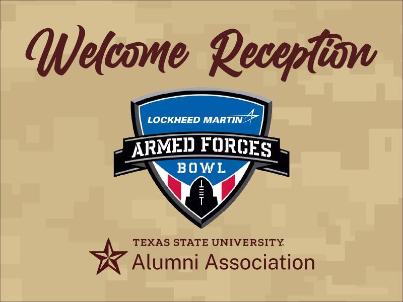 Gold camouflage graphic with Armed Forces Bowl logo, Alumni Association logo, and text reading Welcome Reception