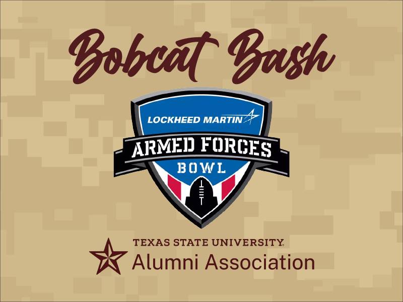 Gold camouflage graphic with Armed Forces Bowl logo, Alumni Association logo, and text reading Bobcat Bash