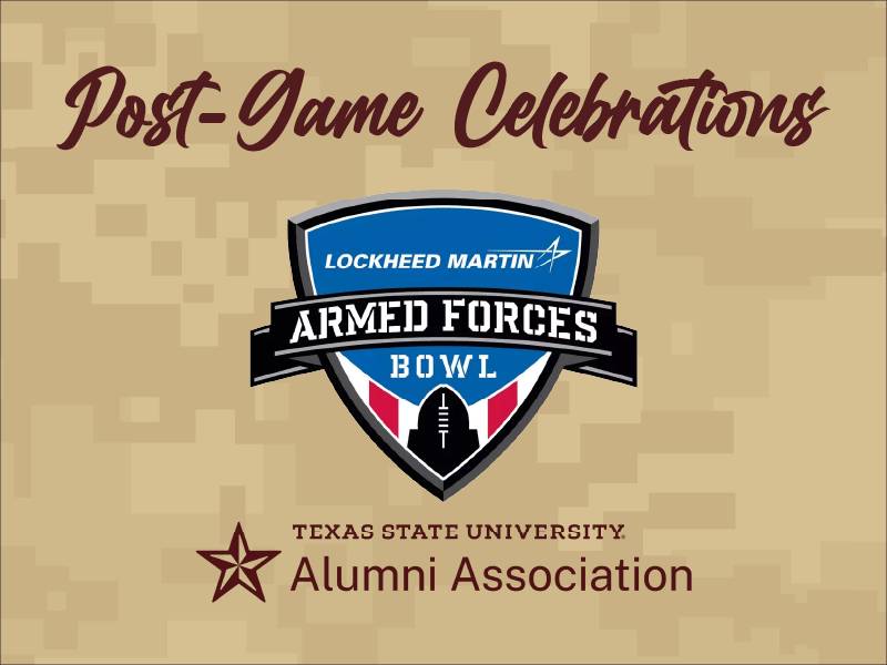 Gold camouflage graphic with Armed Forces Bowl logo, Alumni Association logo, and text reading Post-Game Celebrations