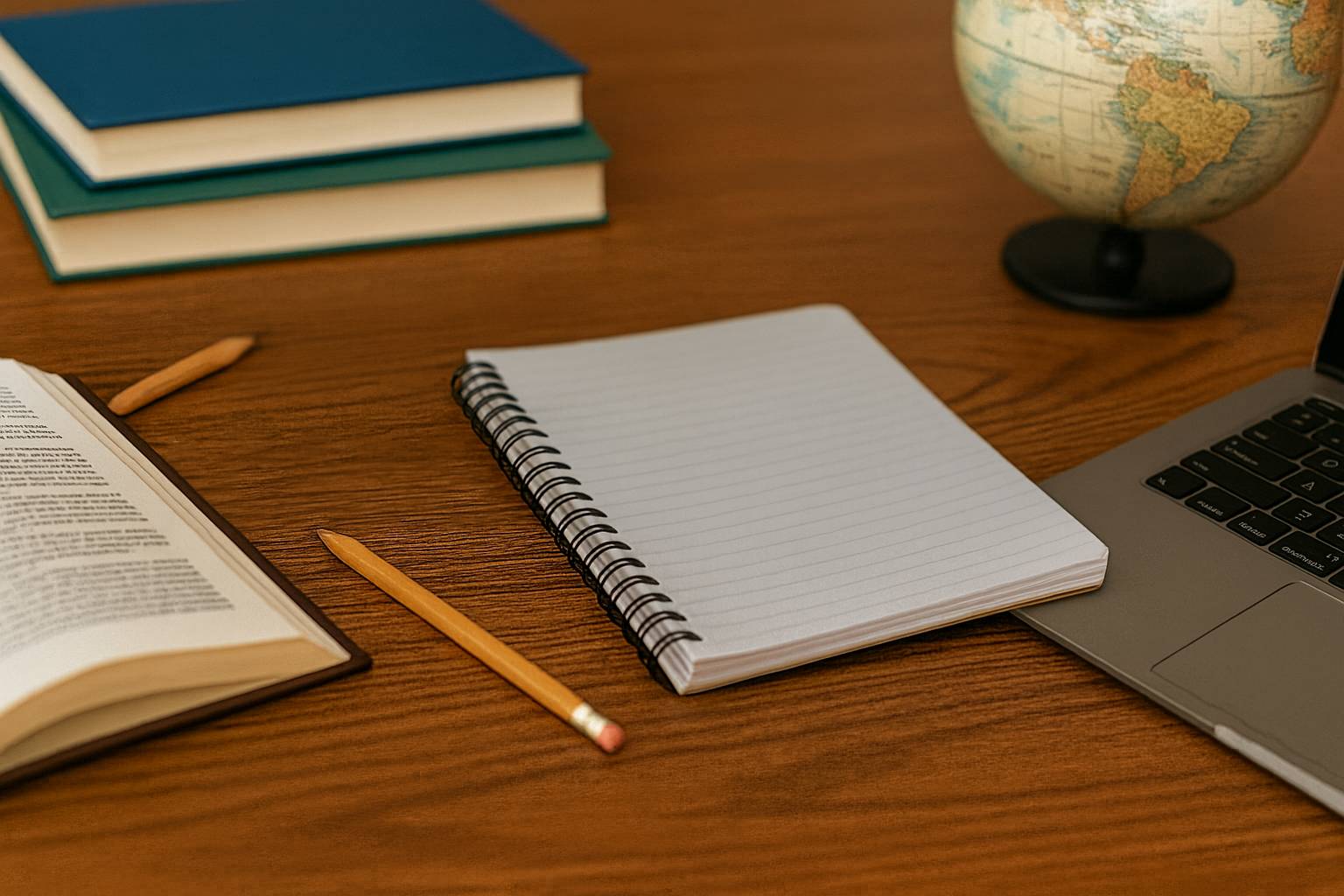 A desk with books and a computer