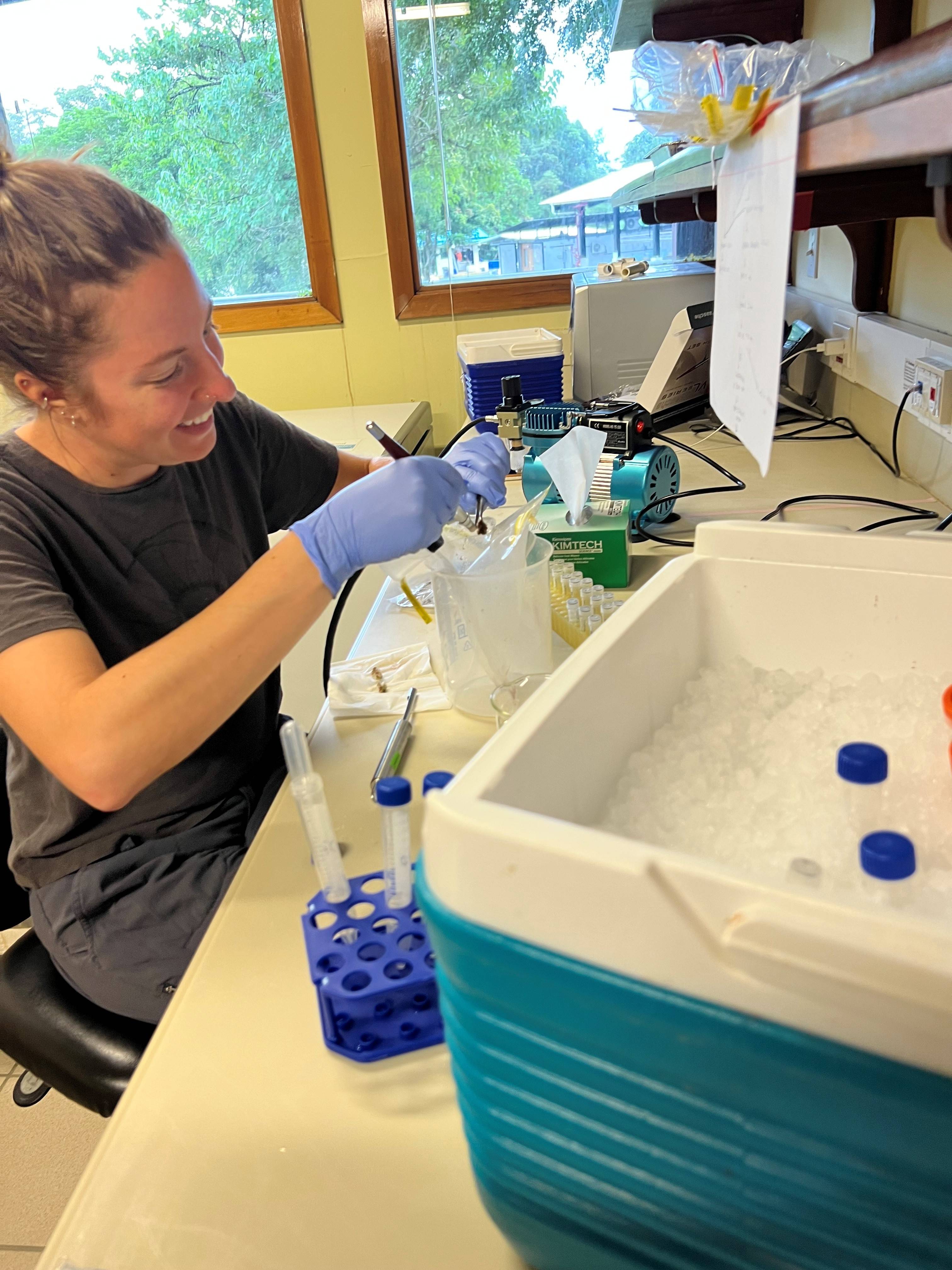 woman uses airbrush in science lab setting