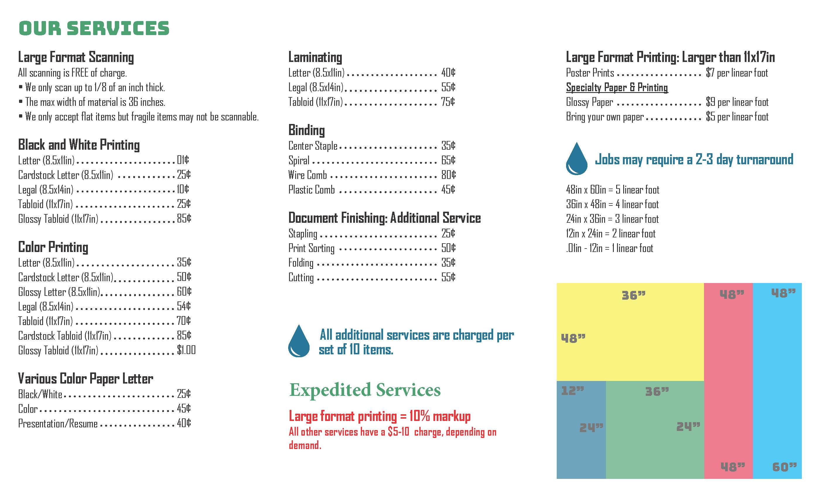 Print shop services and pricing list