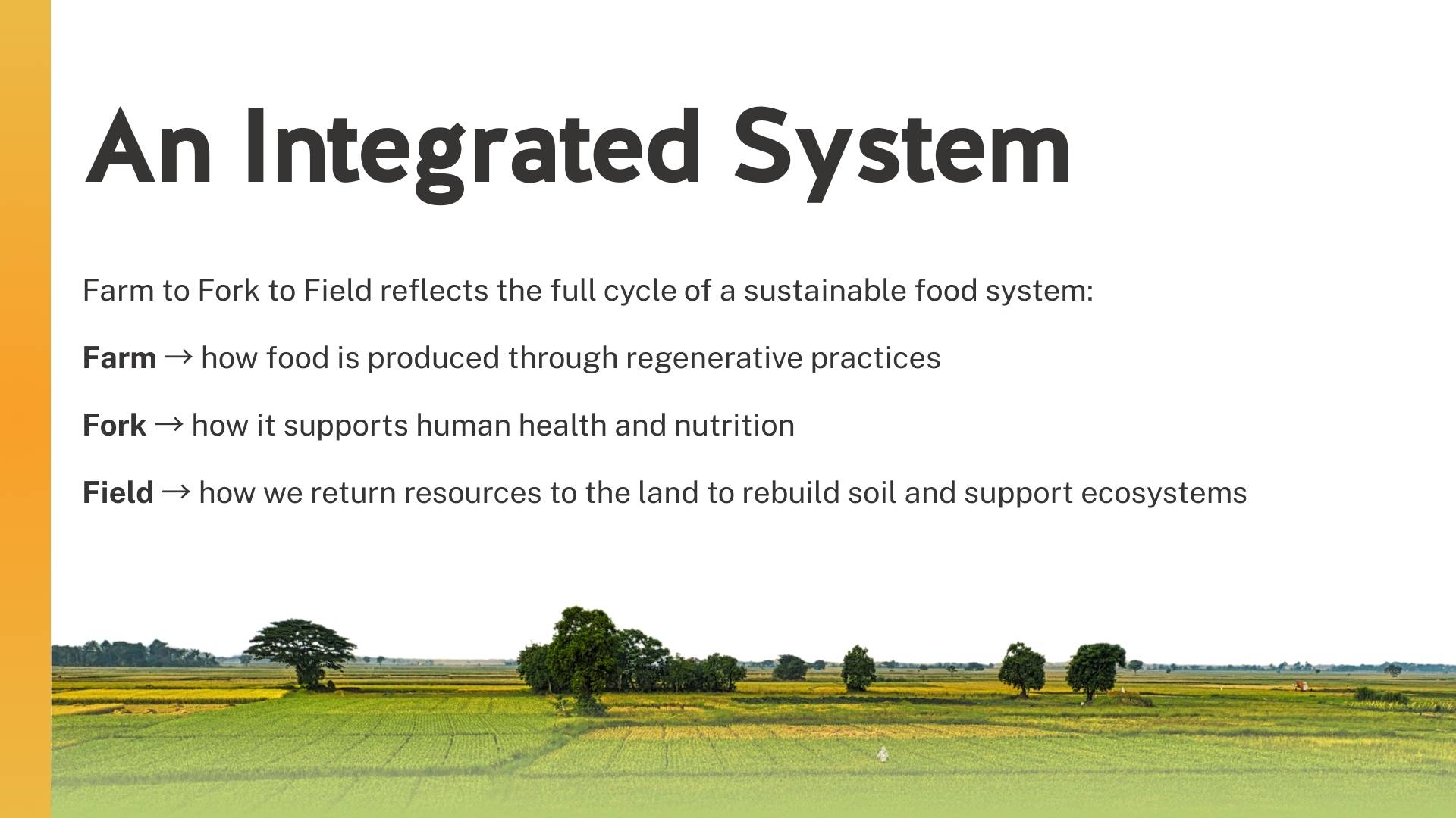 An integrated system: Farm to Fork to Field reflects the full cycle of a sustainable food system: Farm → how food is grown Fork → how it supports human health Field → how we return resources to the environment through regenerative practices