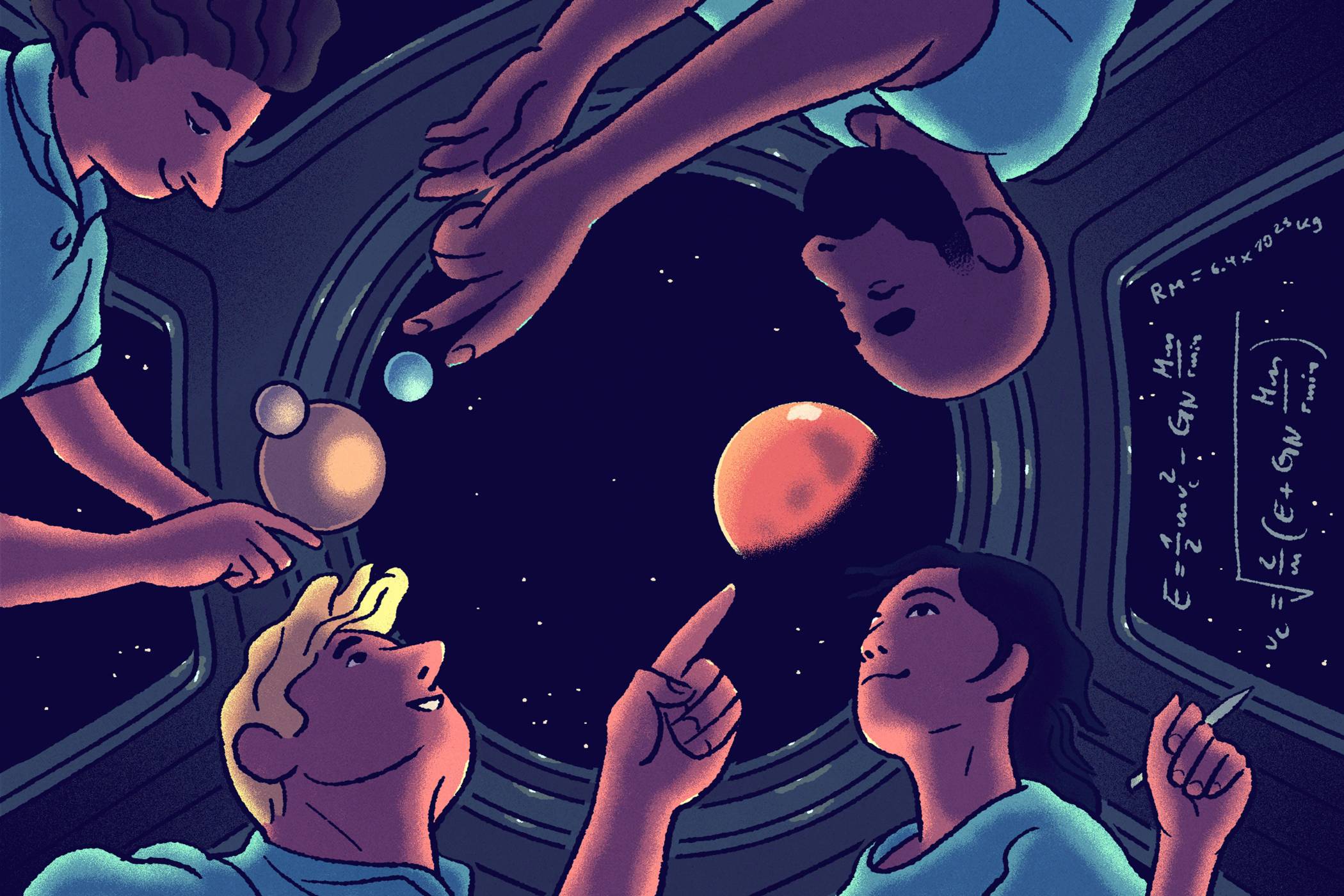 A cartoon image of astronauts in a spaceship pointing to planets.