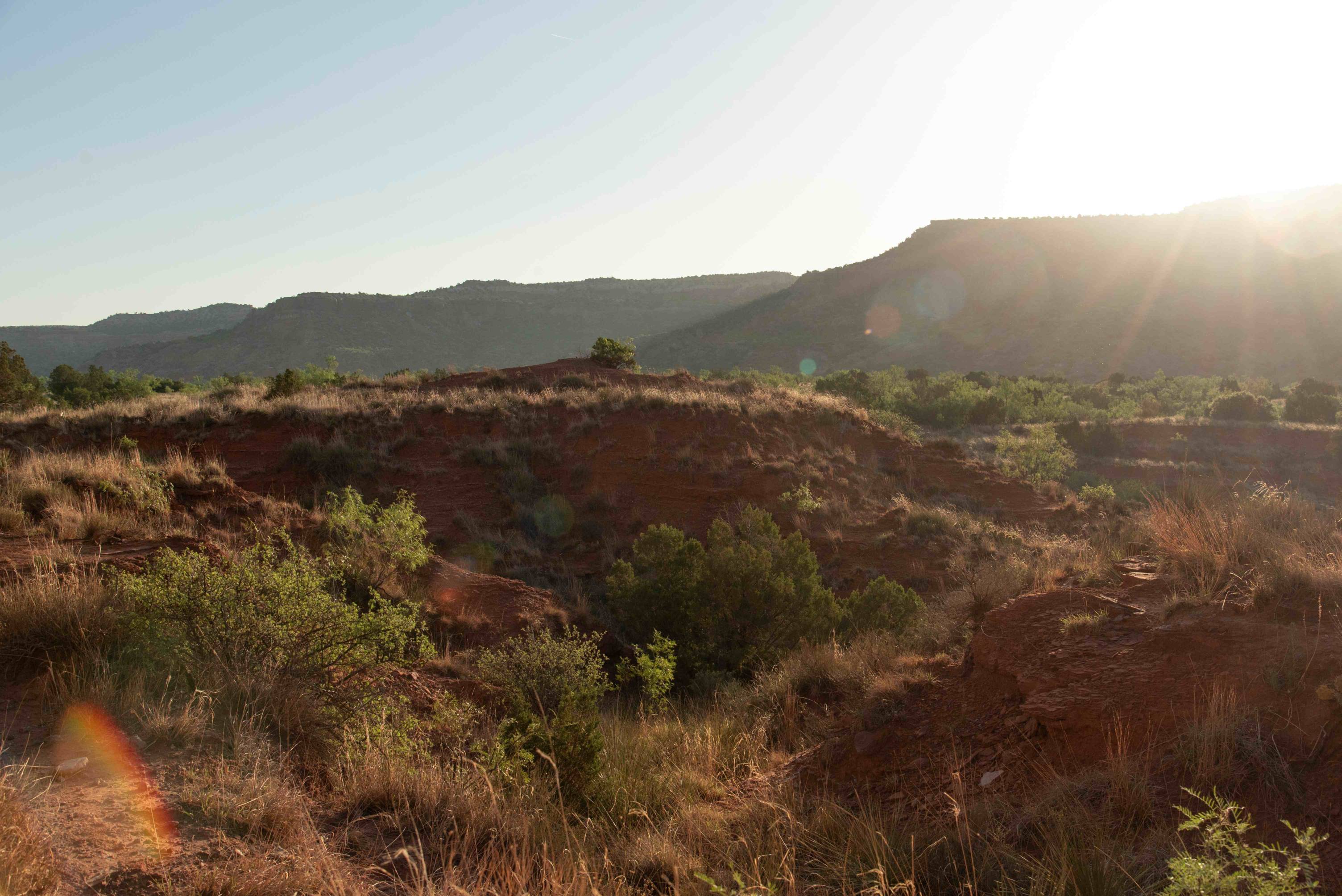 The sun catches the camera and glints while setting over the red earth and scrubby brush of Palo Duro Canyon.