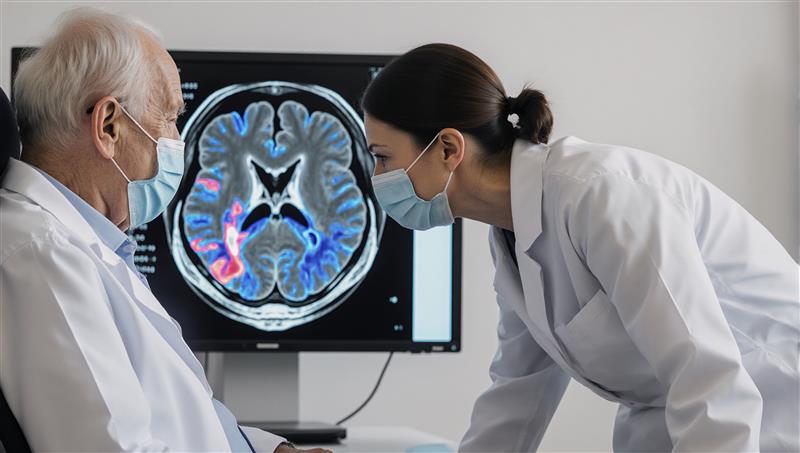 A young woman in a white lab coat and mask leans over a lit up brain scan and gestures toward an older gentleman