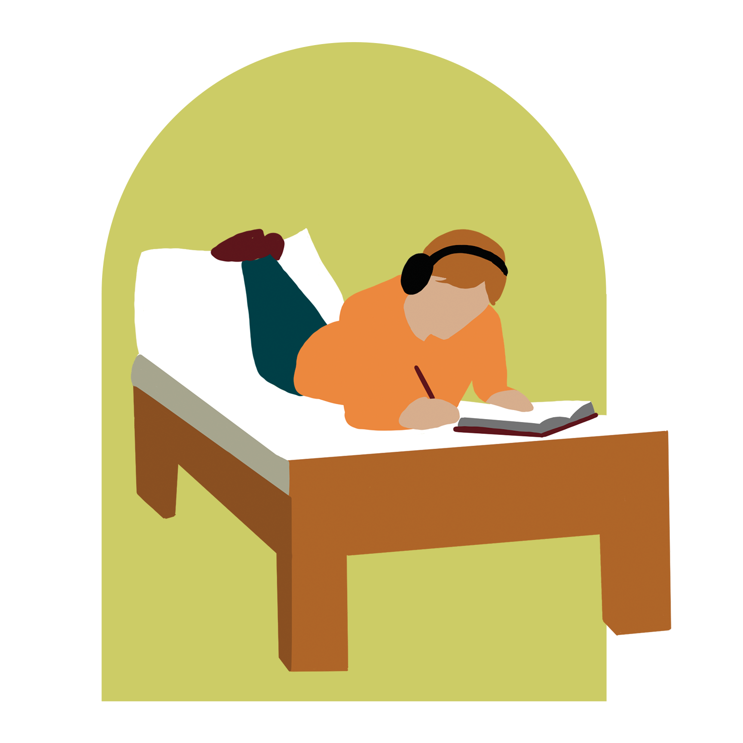 illustration of person lying on bed while writing in book