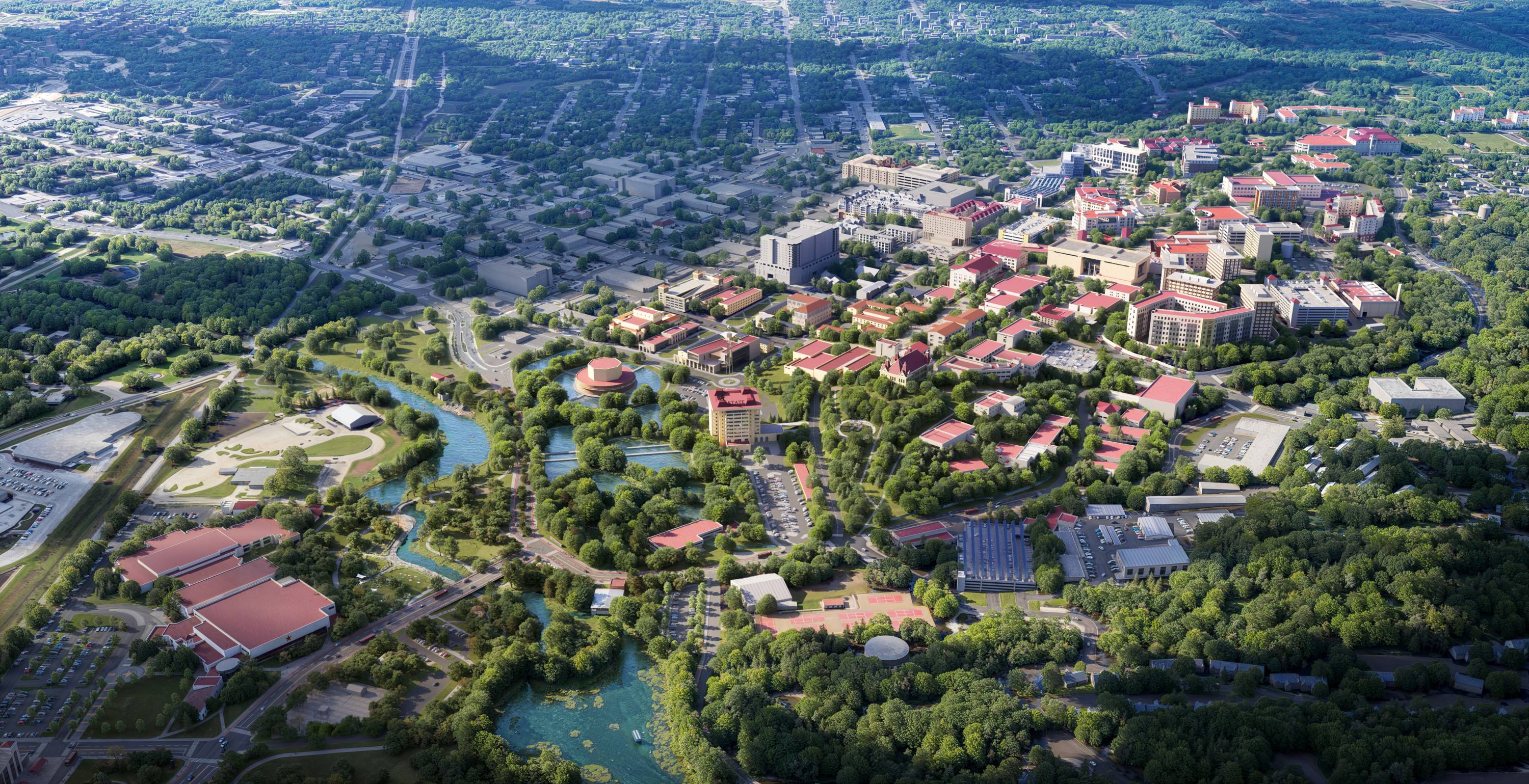 Aerial rendering showing the TXST campus in San Marcos in its entirely.