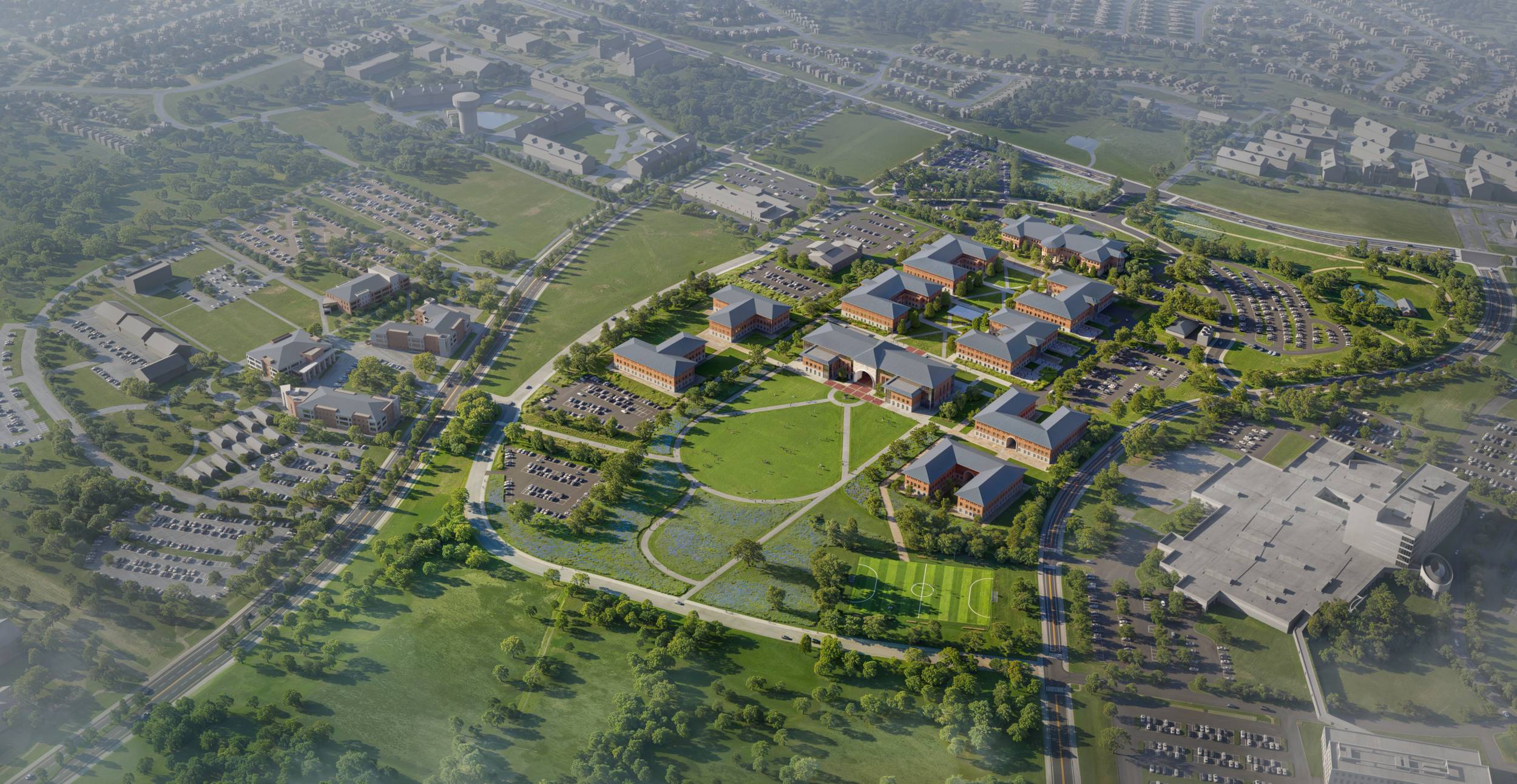 digital render of aerial view of university campus