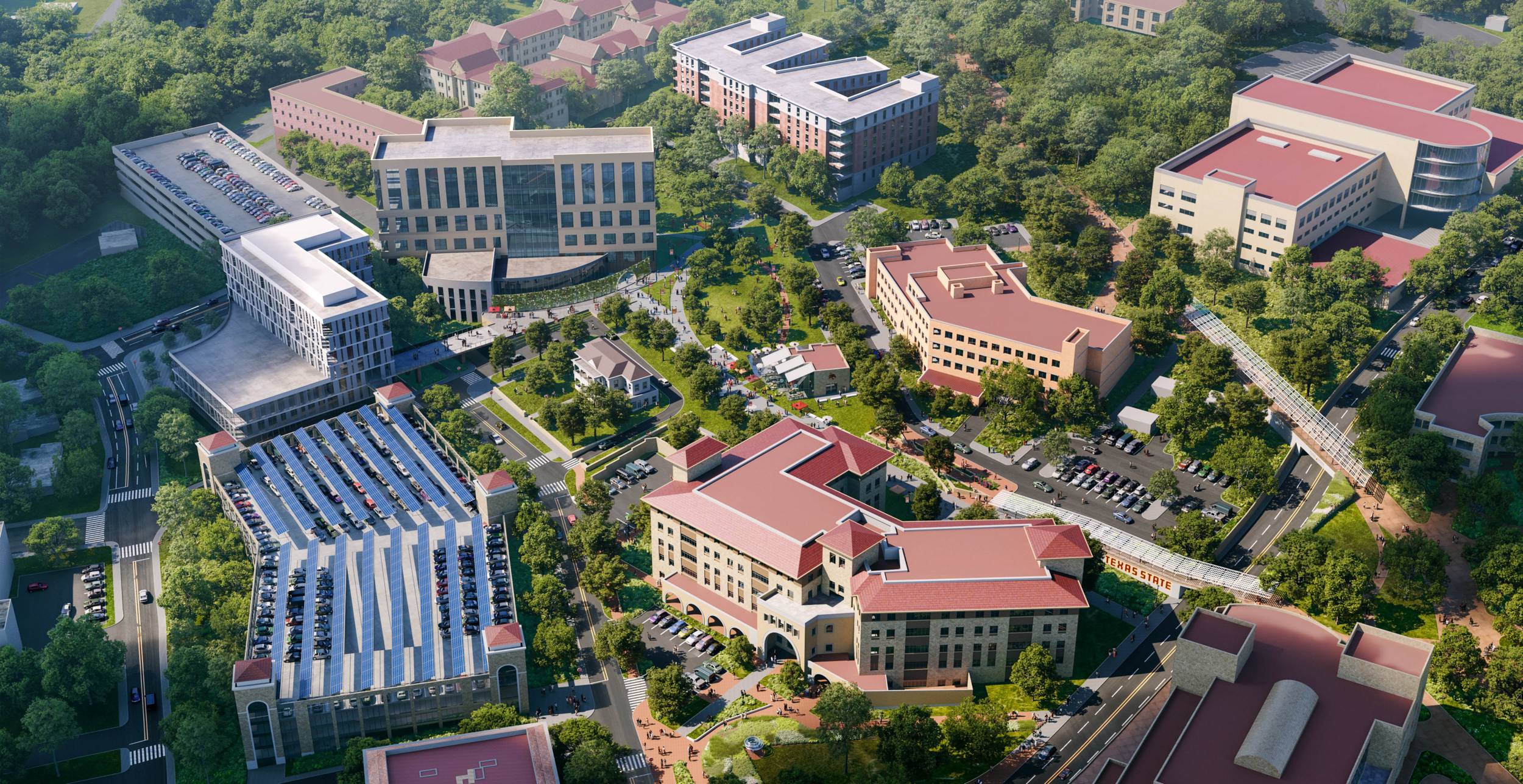aerial view of multiple large buildings 