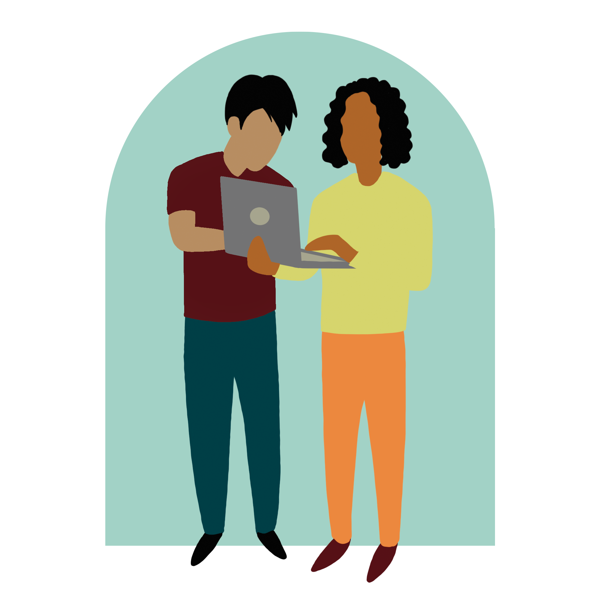 An illustration of two students looking at a laptop screen.