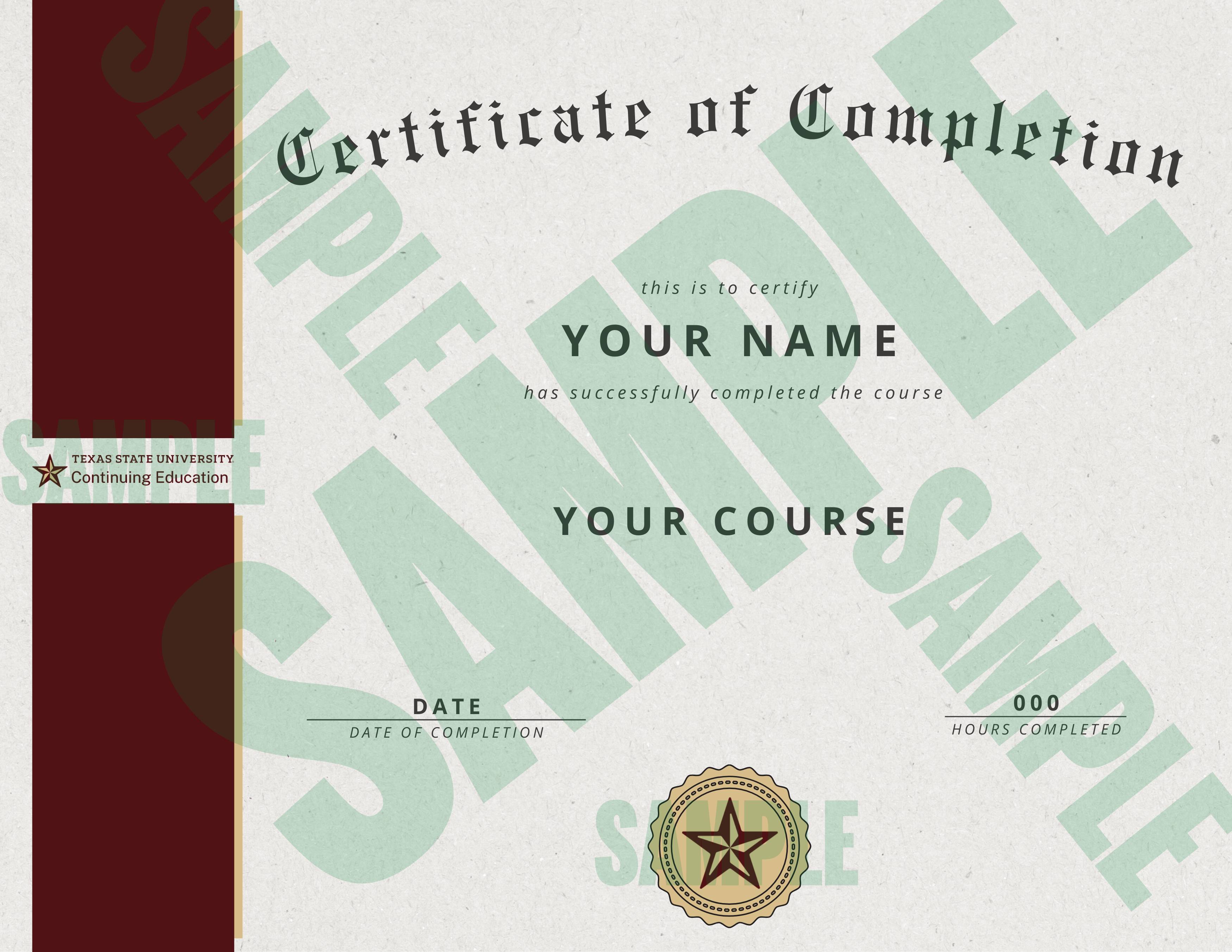 certificate sample in maroon, gold and green