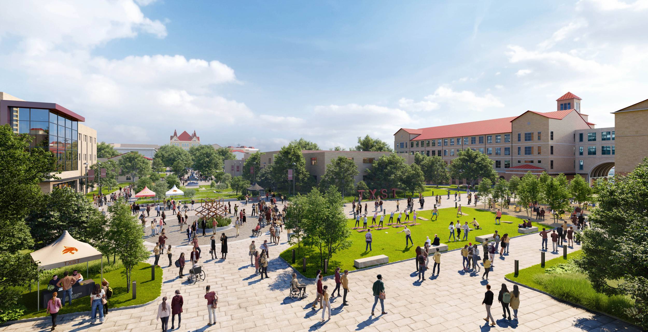 A rendering of Alkek Plaza after updates. Students are walking in green spaces between campus buildings