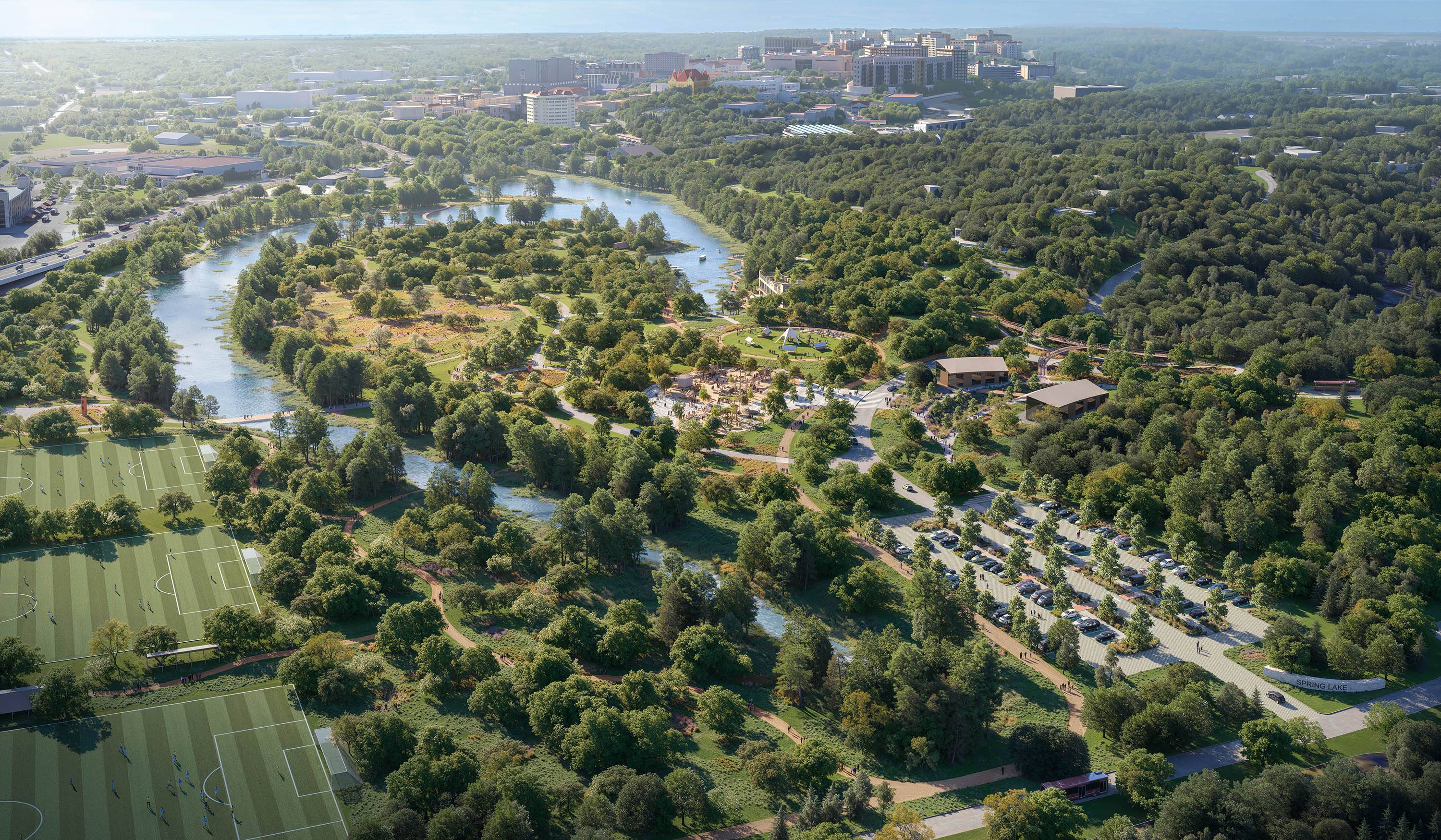 digital rending of aerial of spring lake and forestry