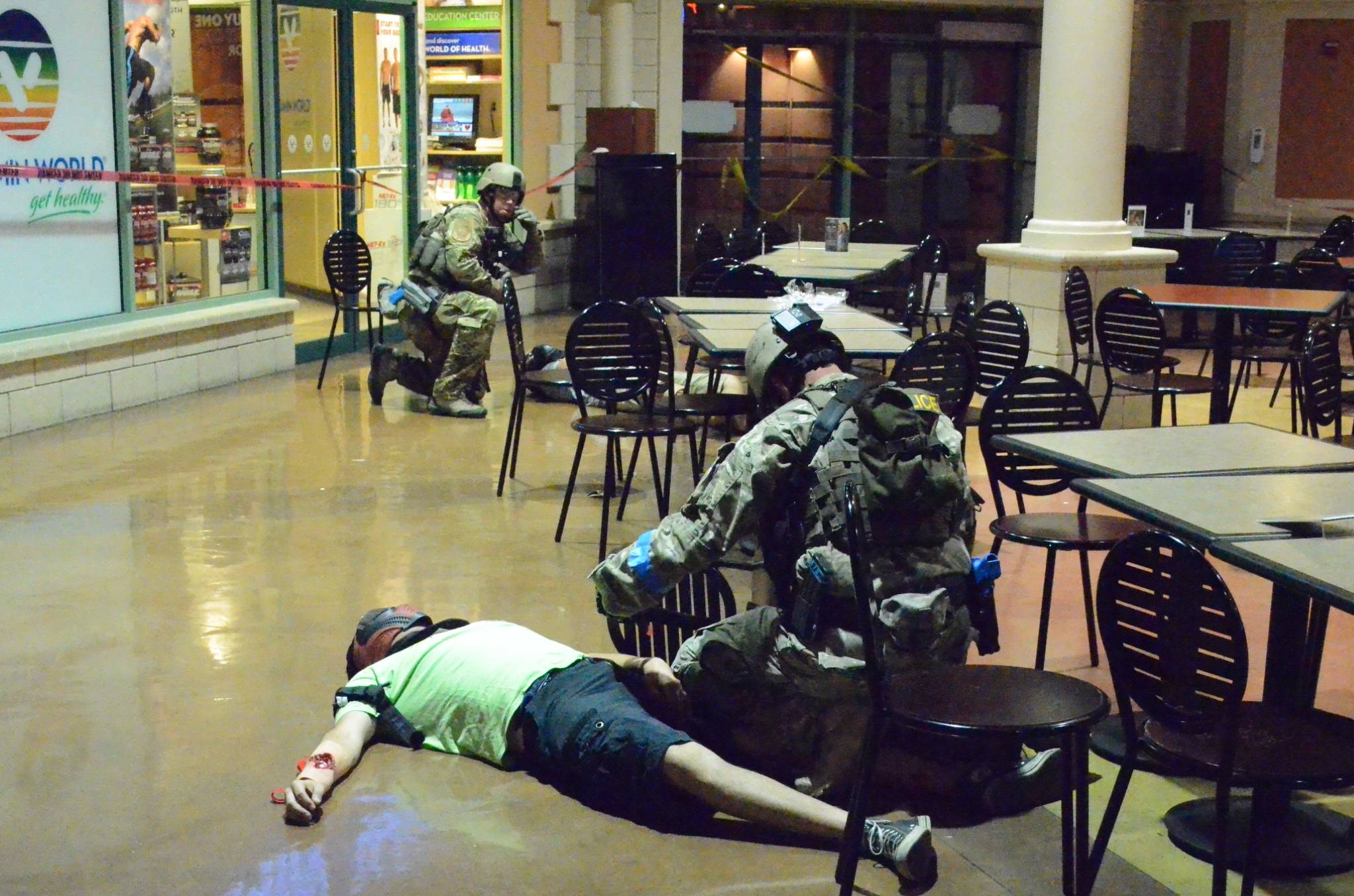Medical Explorers serving as gunshot victims for police training in terrorism