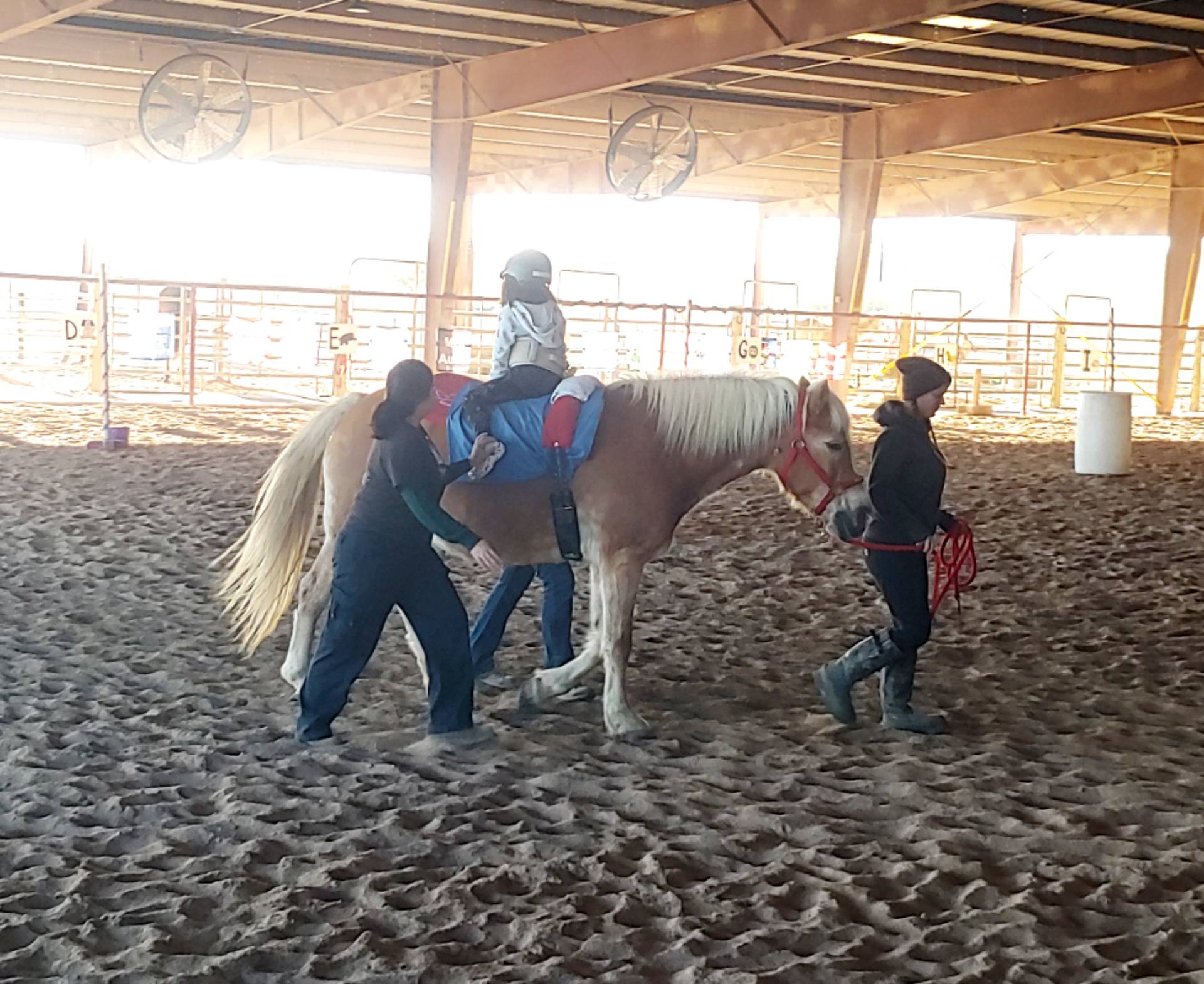 Equestrian therapy crew with child on a horse